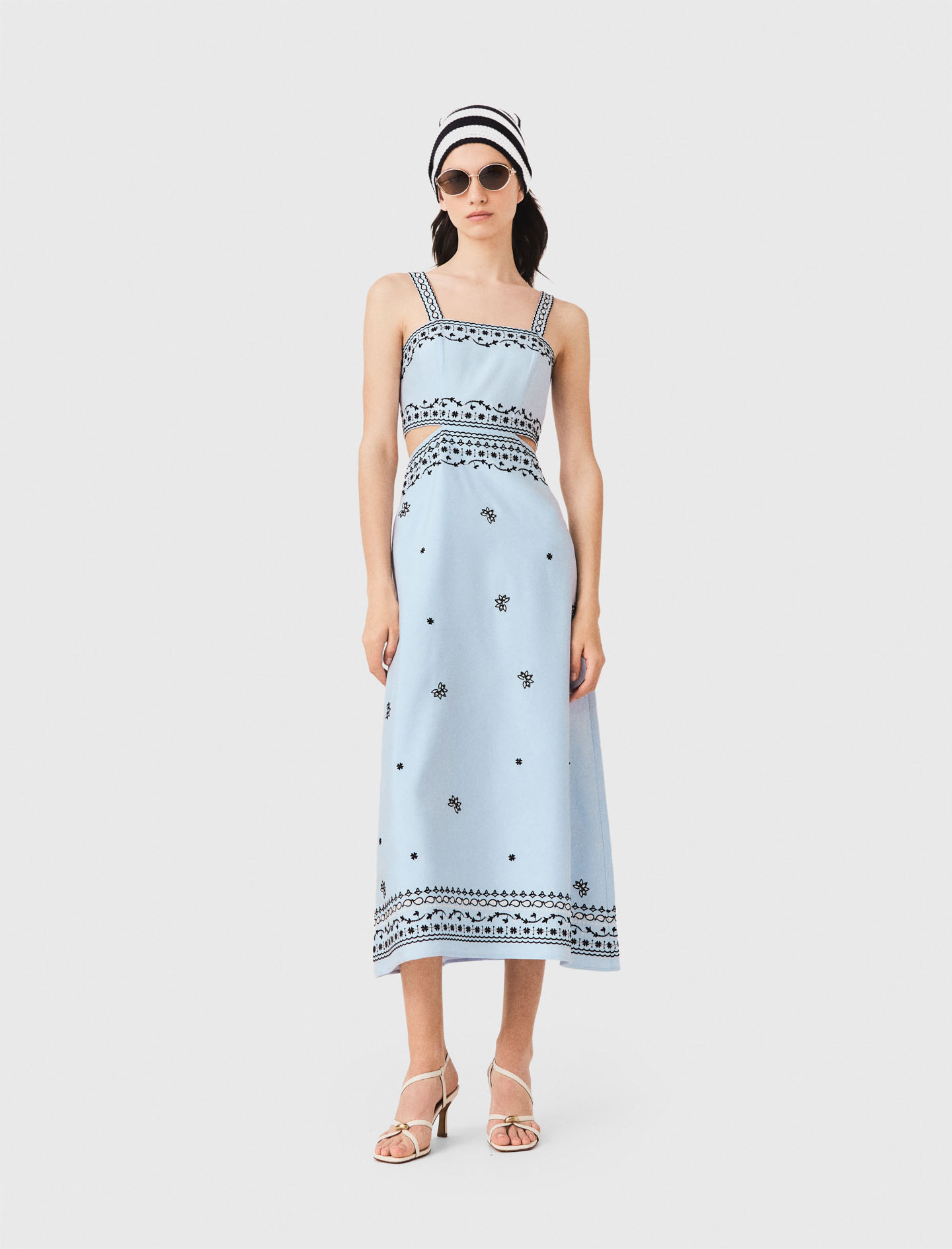 Vestido Largo Bordado Lino Mezcla - Celeste - Talla 34 - Maje