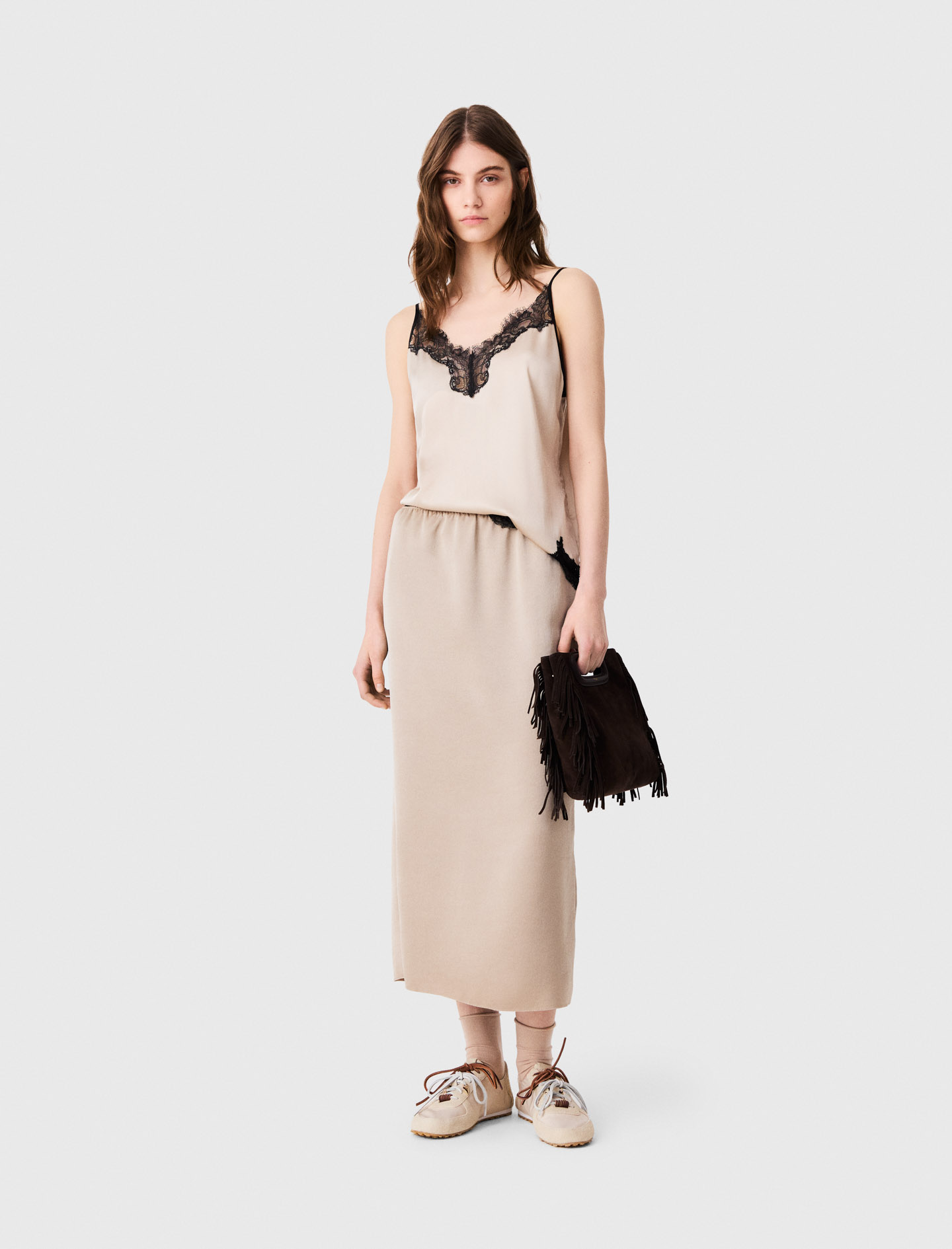 Falda Lápiz Satinada - Beige - Talla 36 - Maje