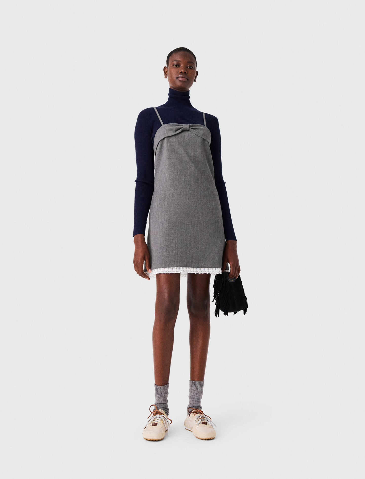 Vestido Corto Sastre Con Encaje - Gris - Talla 40 - Maje