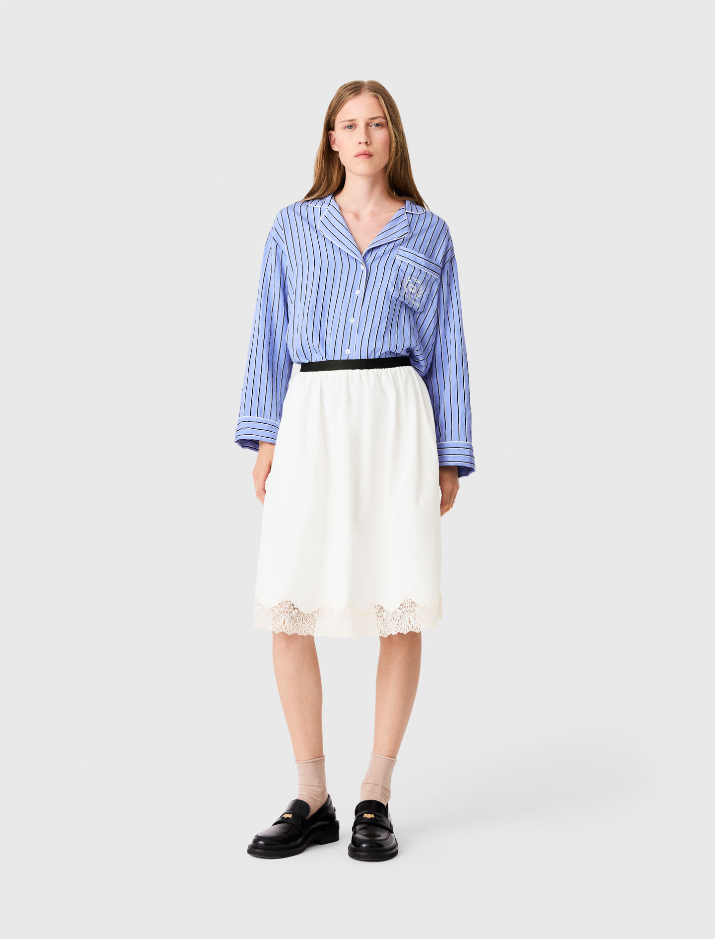 Falda Semilarga De Algodón Y Encaje - Blanco - Talla 42 - Maje