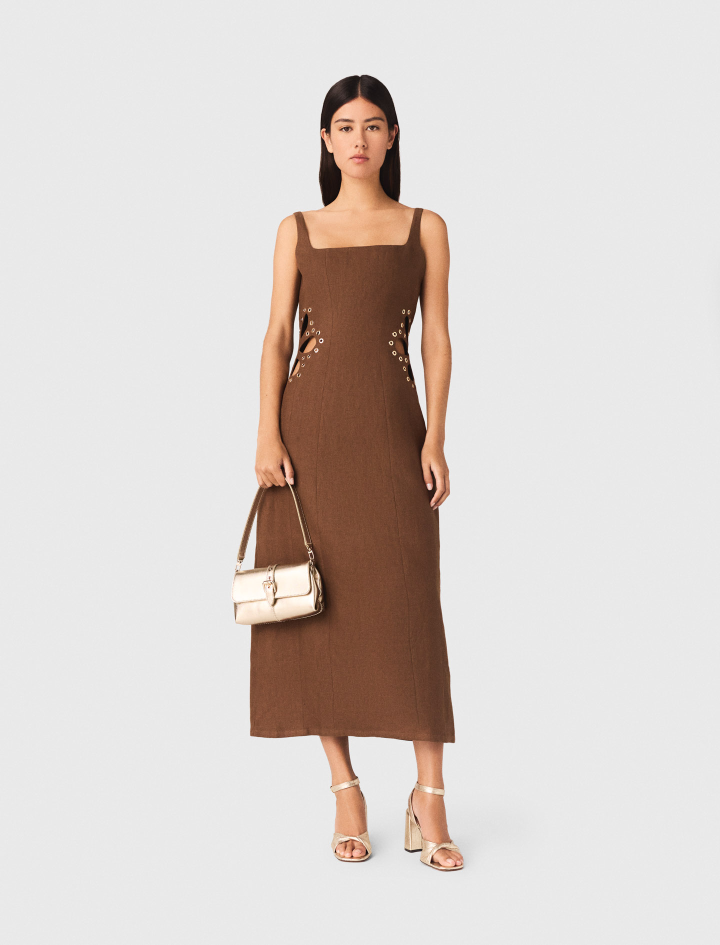 Vestido Largo De Mezcla De Lino - Marrón - Talla 38 - Maje
