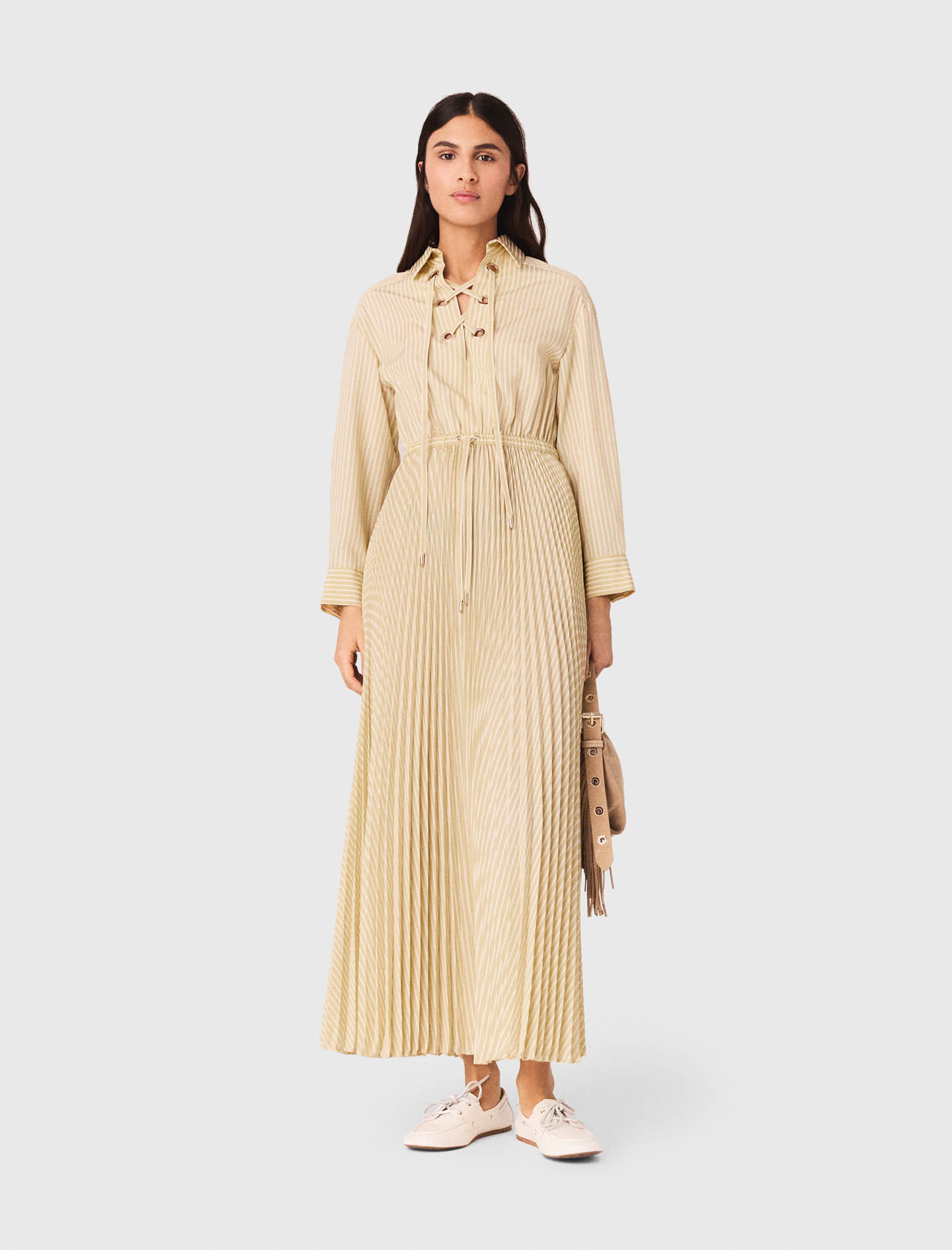 Vestido Largo Plisado Con Ojales - Amarillo Pálido - Talla 34 - Maje