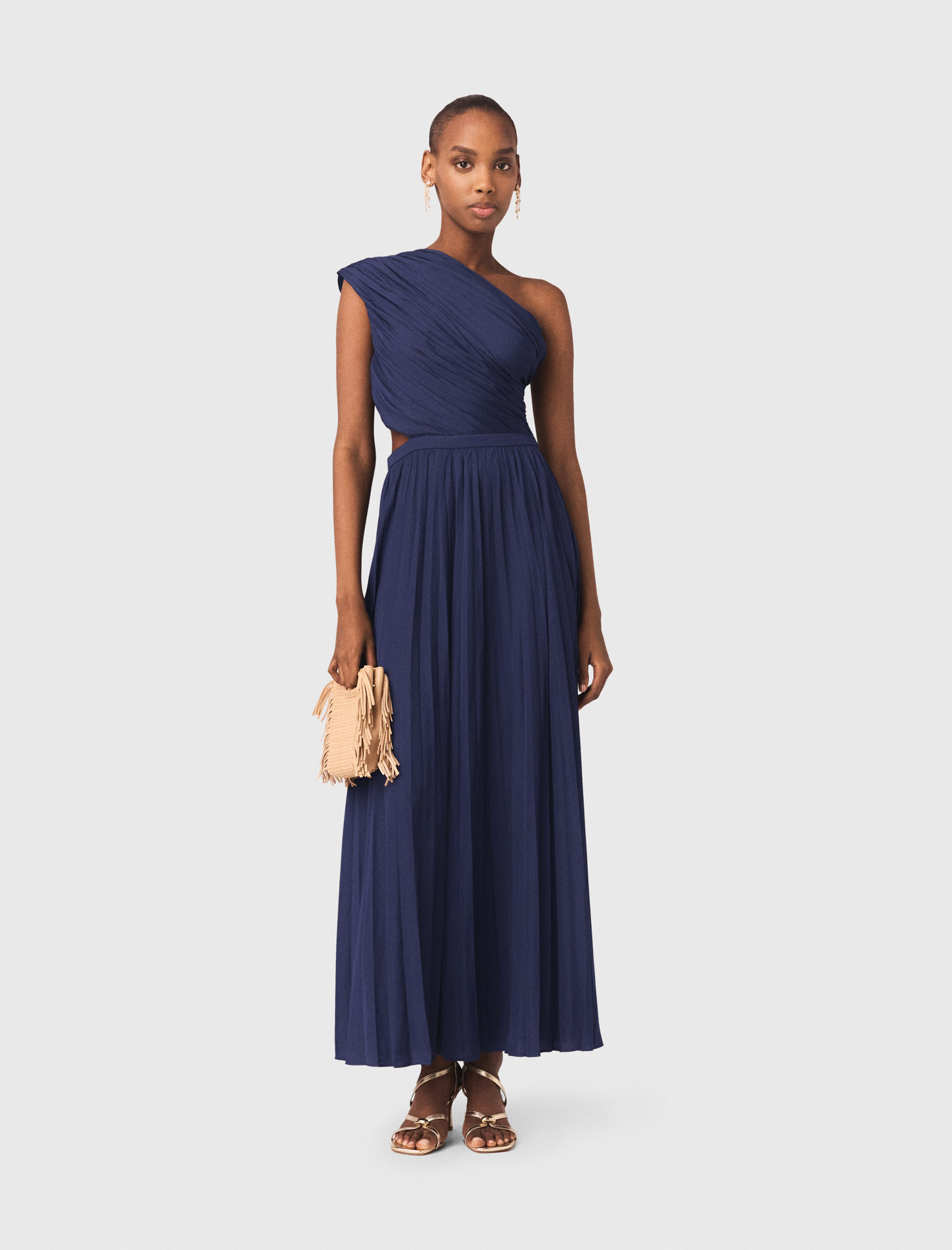 Vestido Largo Plisado Asimétrico - Azul Marino - Talla 38 - Maje
