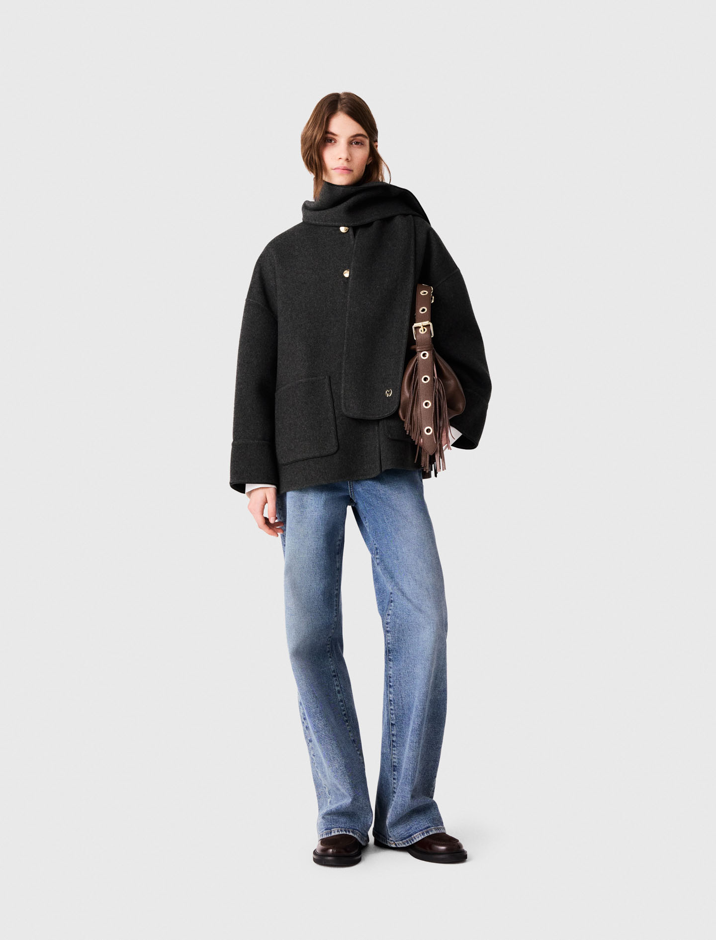 Abrigo Con Bufanda Extraíble - Gris - Talla 42 - Maje