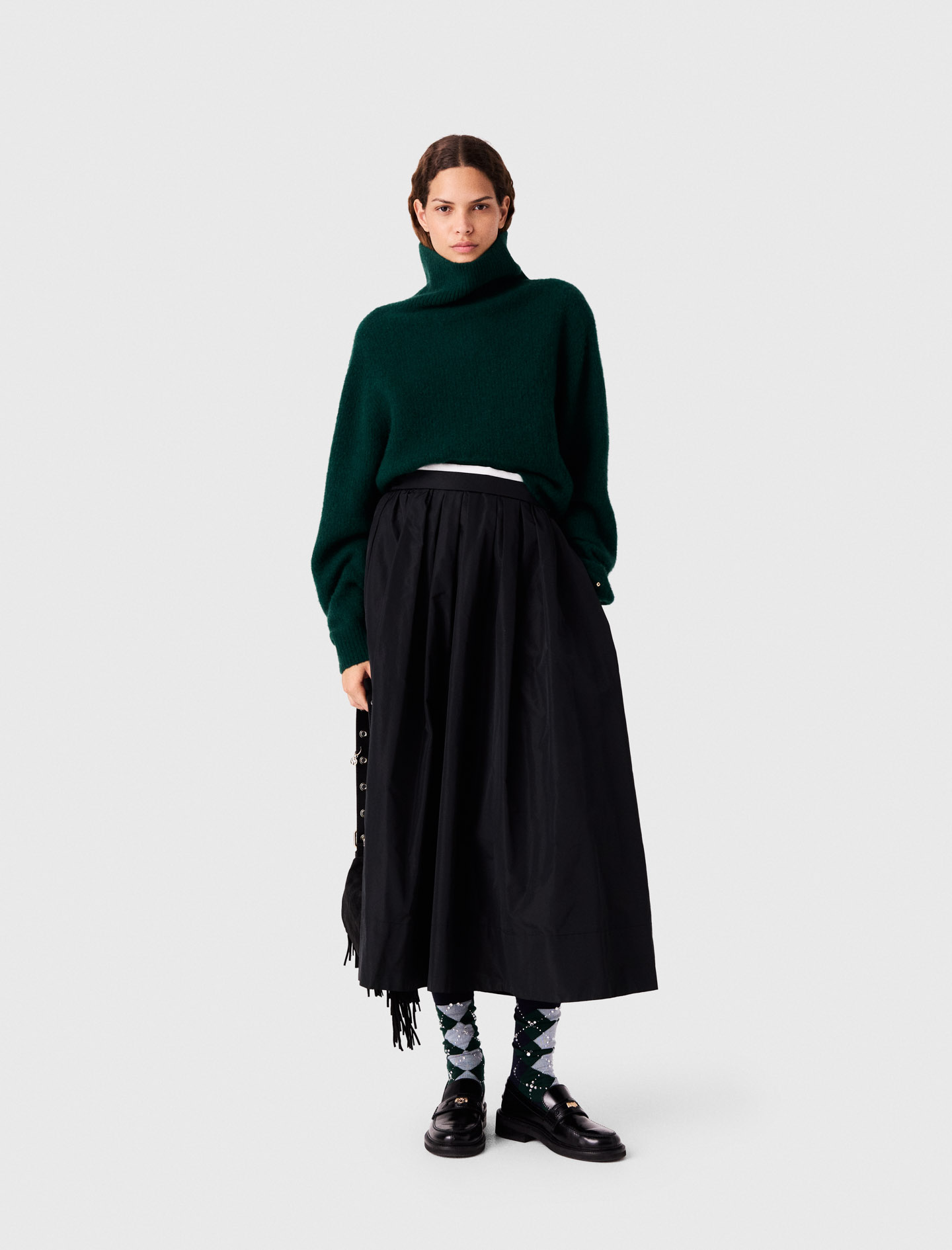 Falda Larga Con Cintura En Contraste - Negro - Talla 38 - Maje