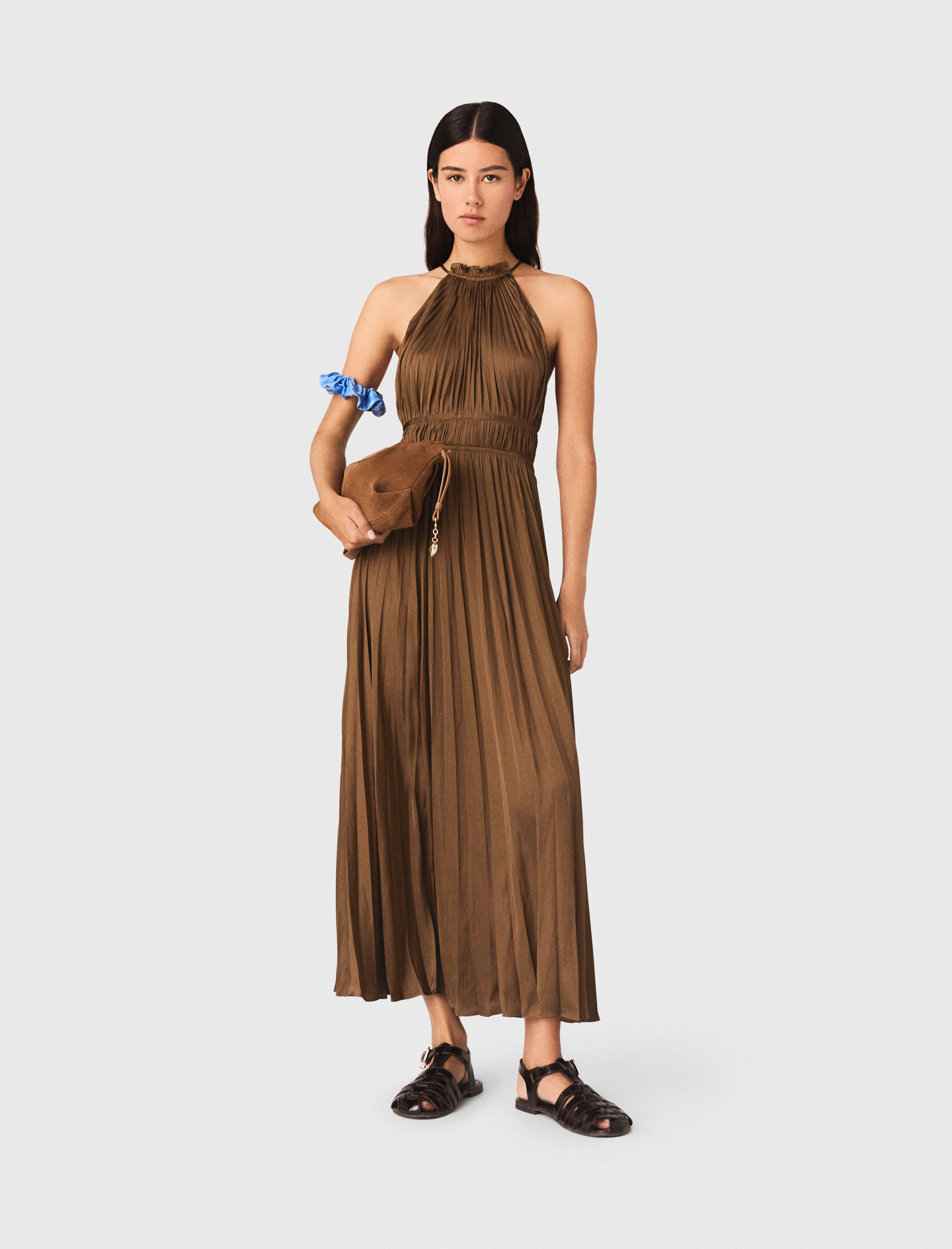 Vestido Largo Plisado - Marrón - Talla 42 - Maje