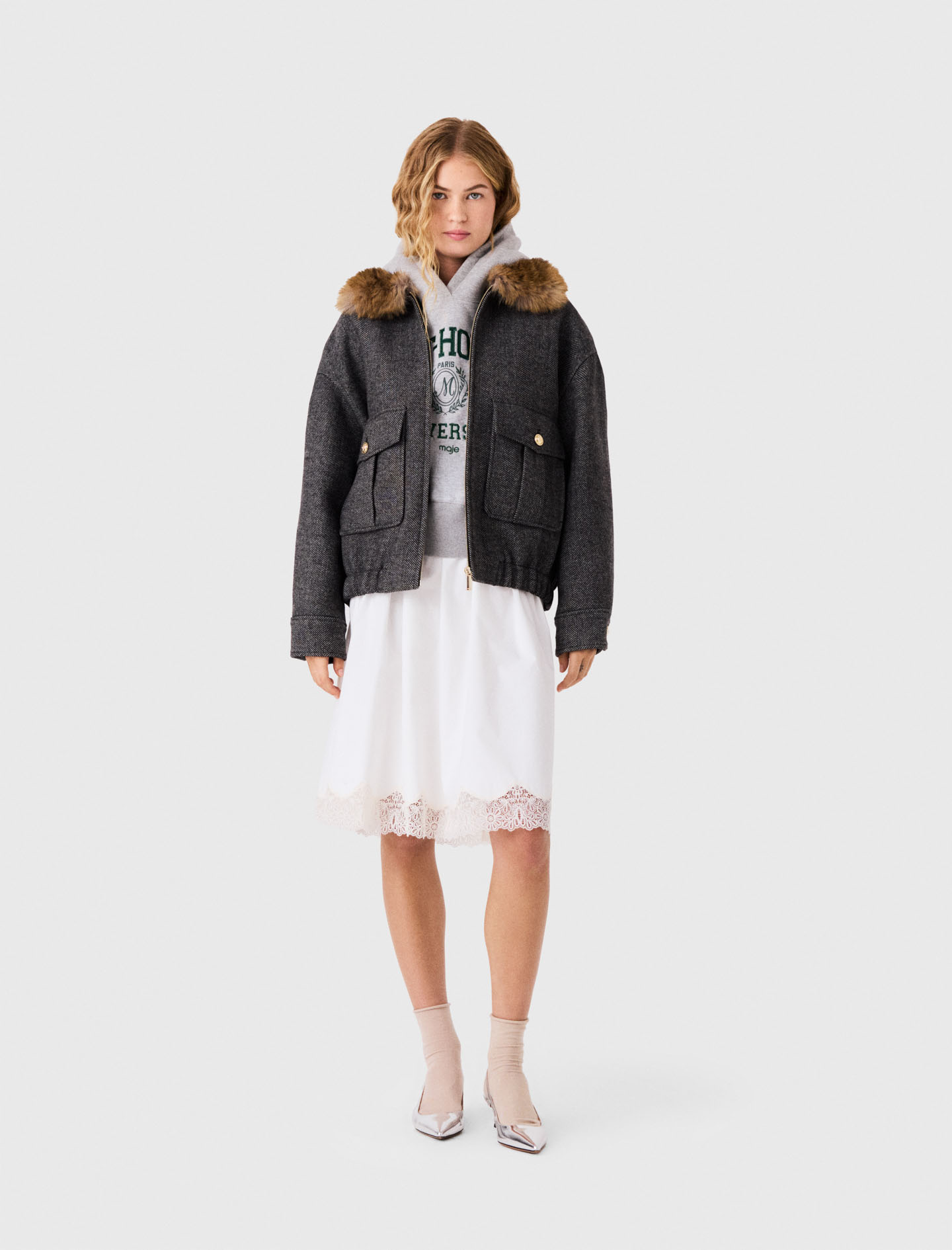 Cazadora Oversize Efecto Espiga - Gris Oscuro - Talla 34 - Maje