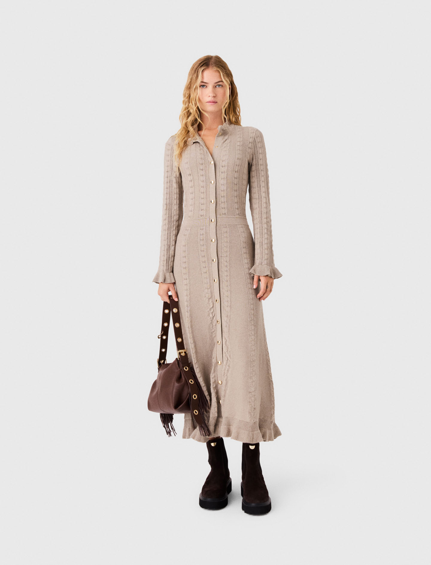 Vestido Largo De Punto Texturizado - Beige - Talla 34 - Maje