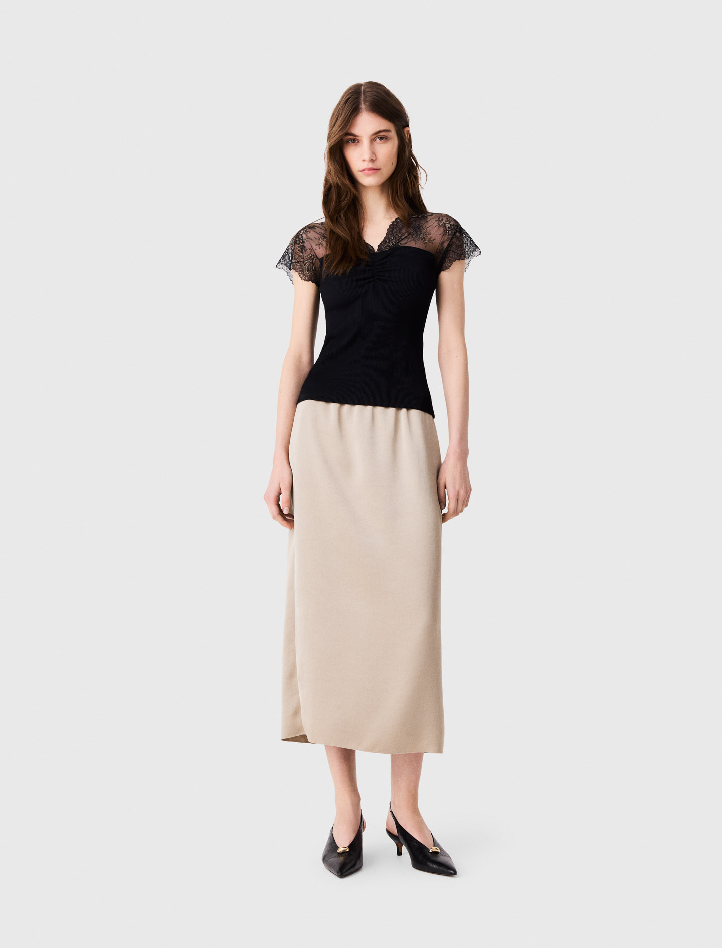 Top De Punto Incrustado De Encajes - Negro - Talla 1 - Maje