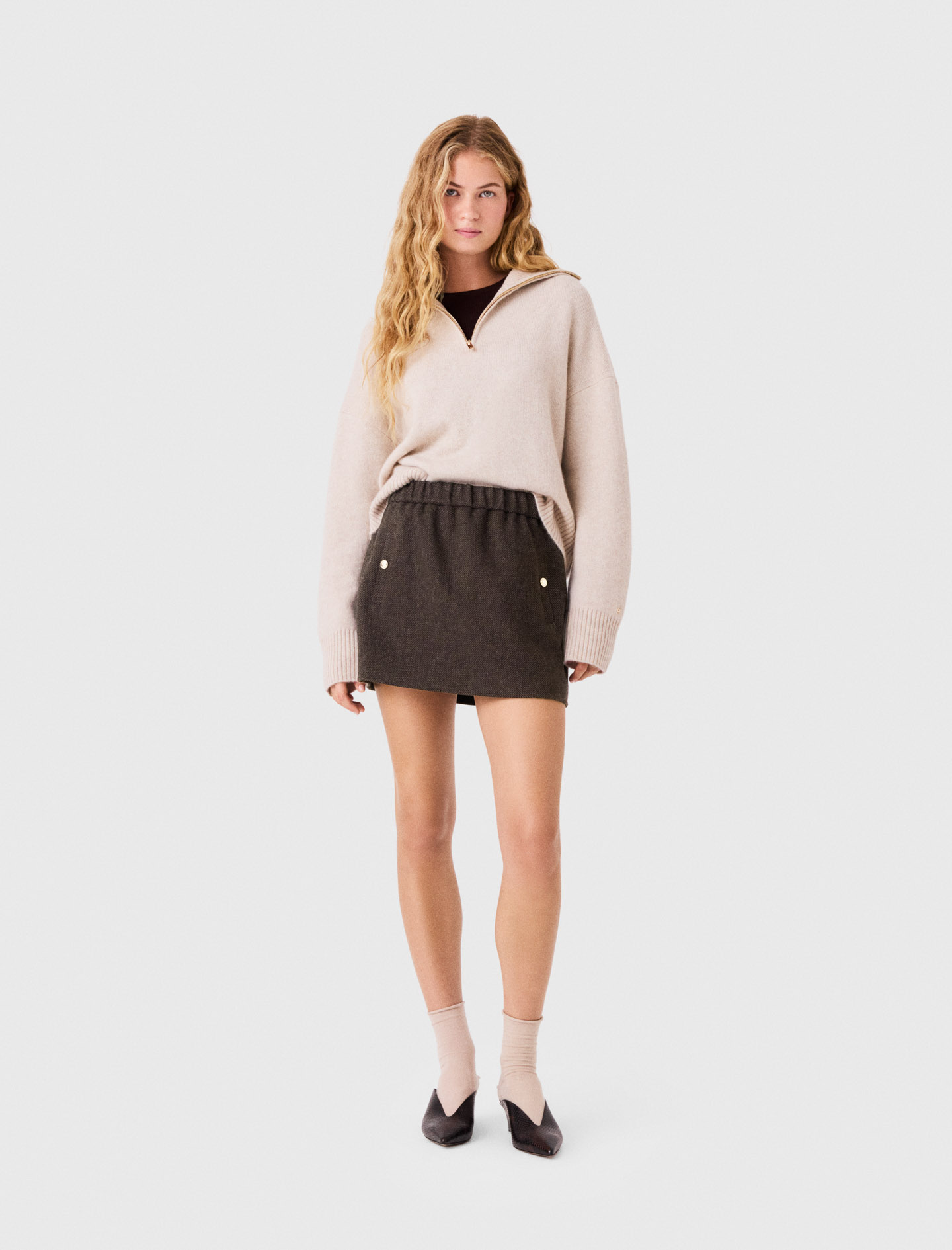 Falda Corta De Lana - Marrón Oscuro - Talla 38 - Maje