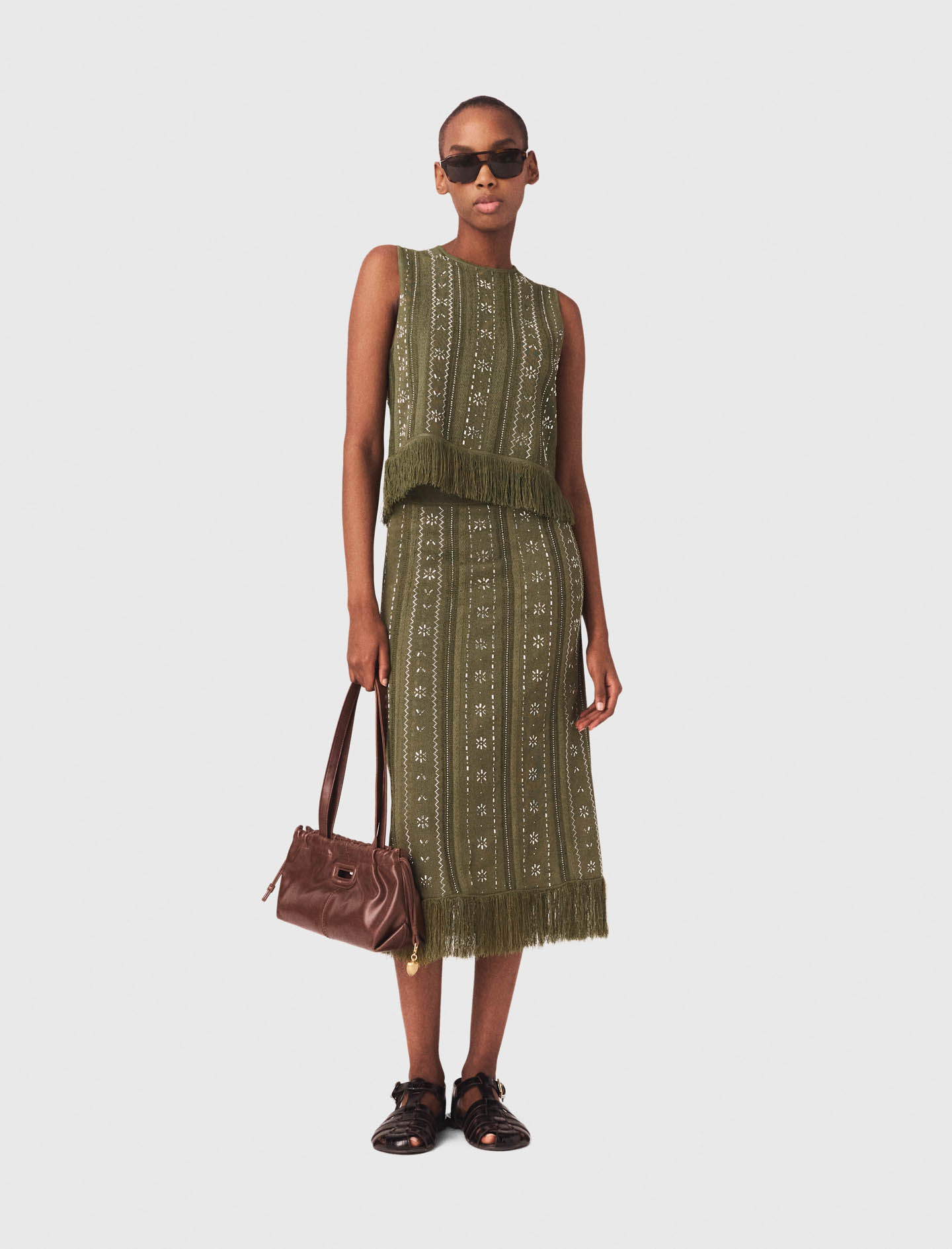 Falda De Punto Con Flores, Pedrería - Caqui - Talla 40 - Maje
