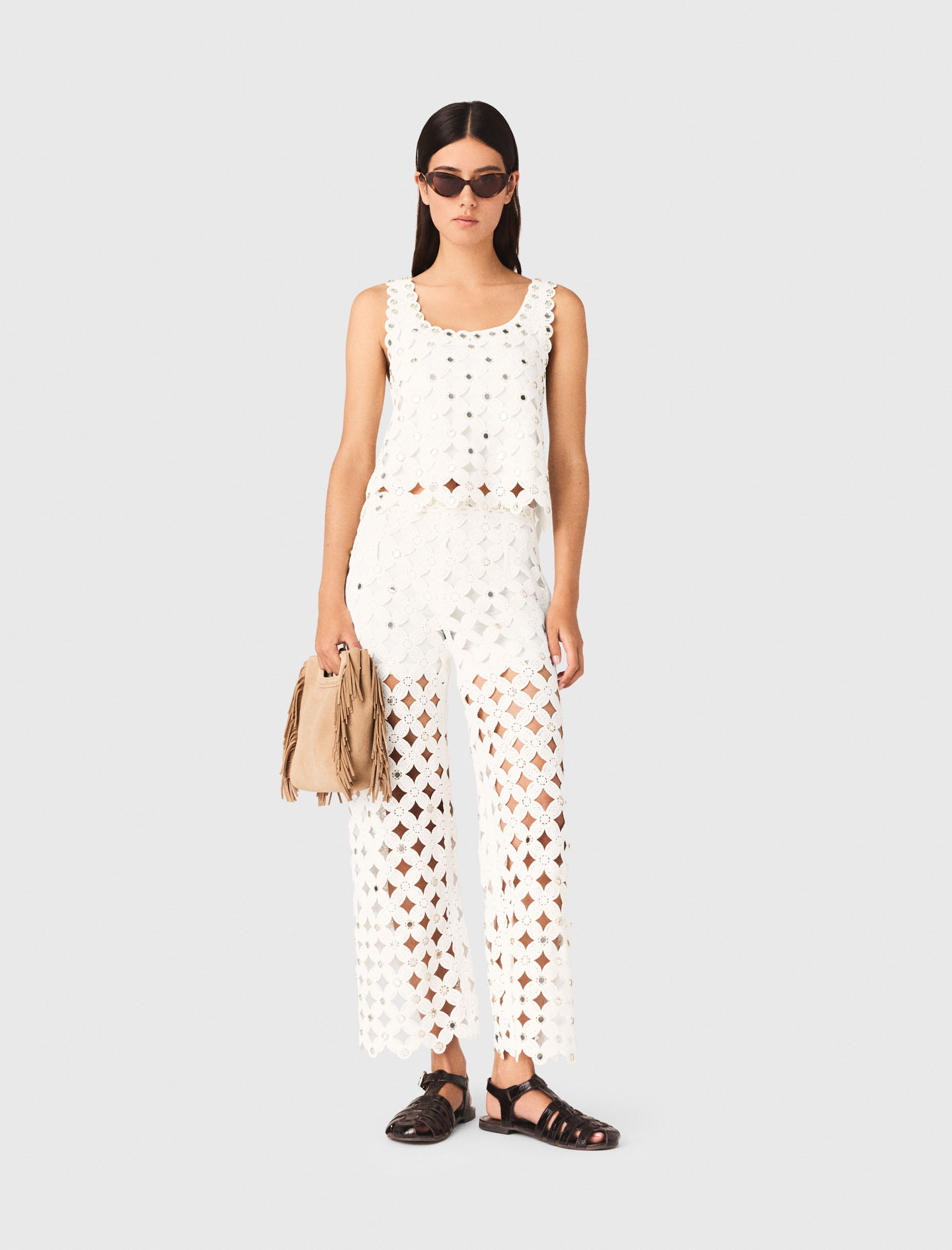 Pantalón De Ganchillo Con Espejos - Blanco - Talla 36 - Maje