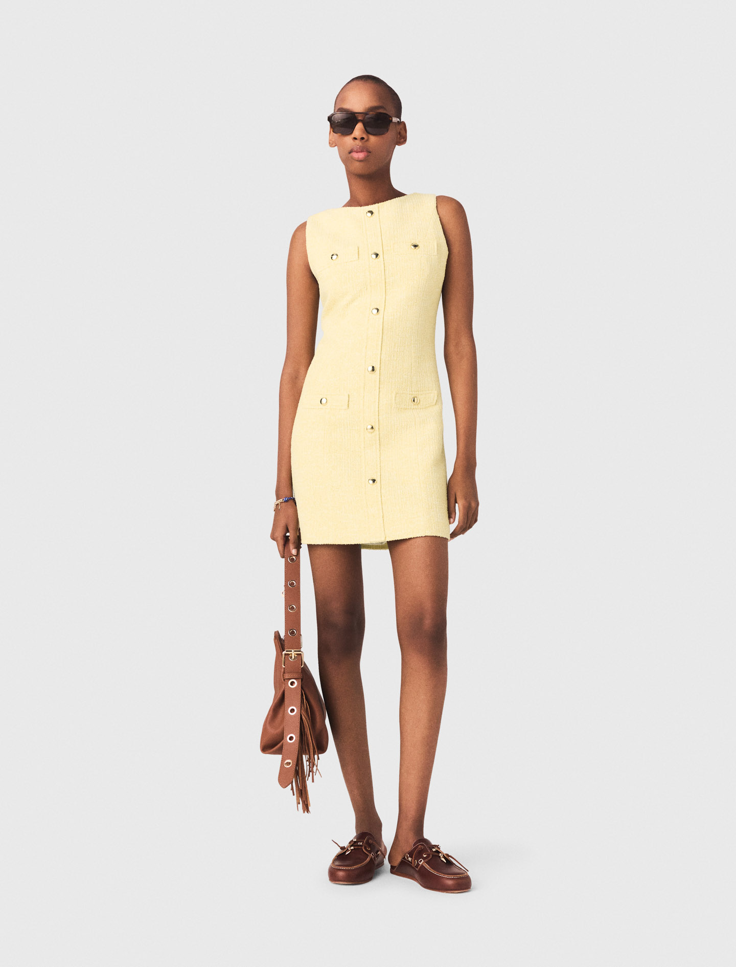 Vestido Corto De Tweed - Amarillo Pálido - Talla 34 - Maje