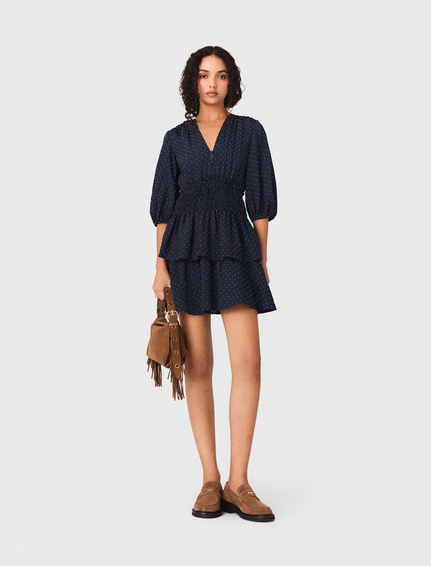 Vestido Con Volantes Y Pedrería - Azul Marino - Talla 34 - Maje