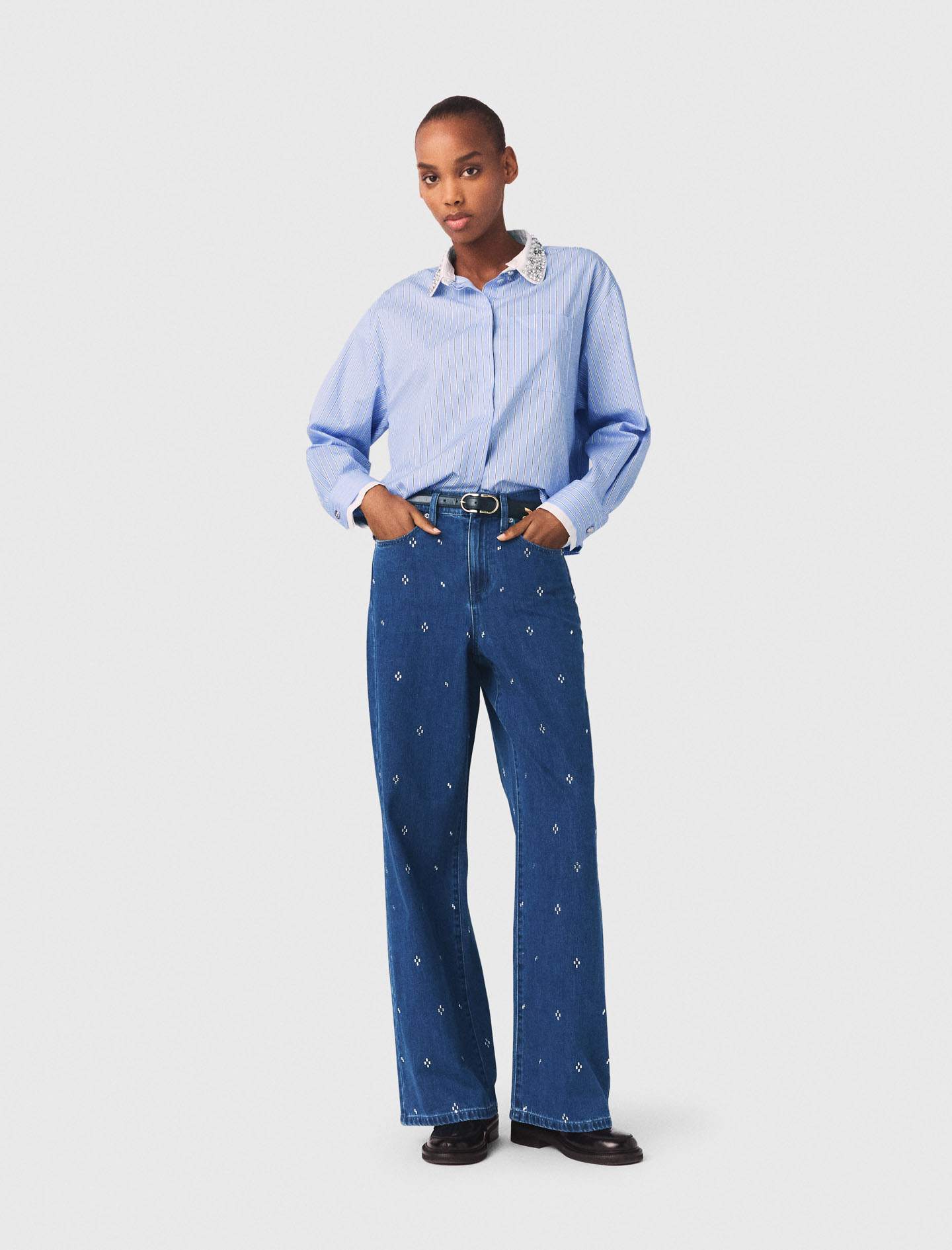 Vaquero Ancho Con Strass - Azul - Talla 36 - Maje