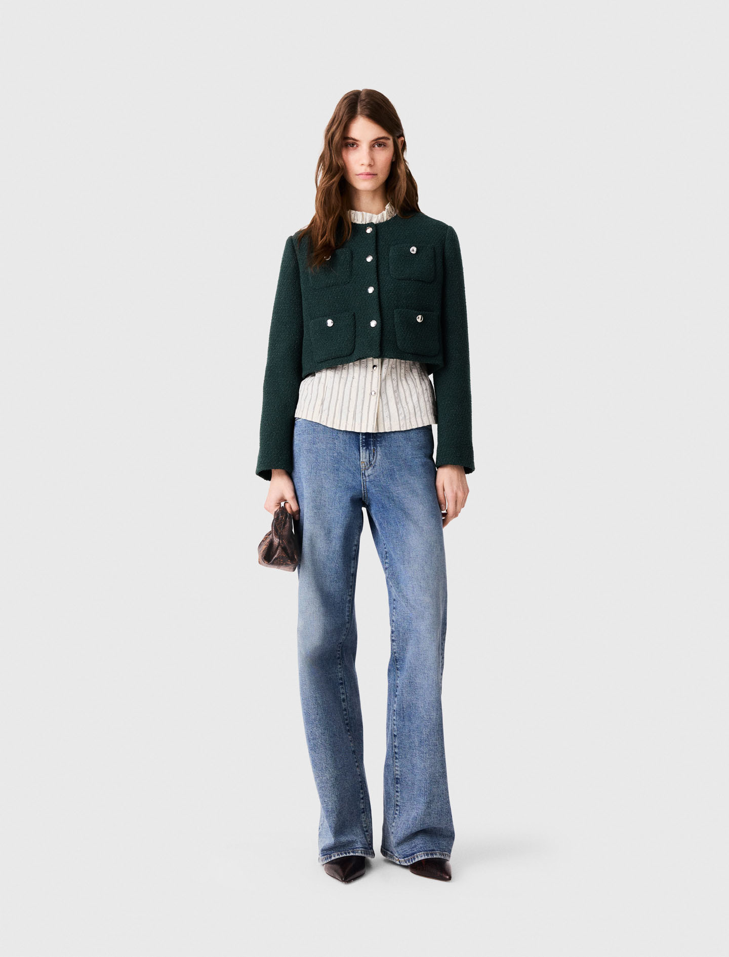 Chaqueta Corta De Tweed - Verde Botella - Talla 42 - Maje