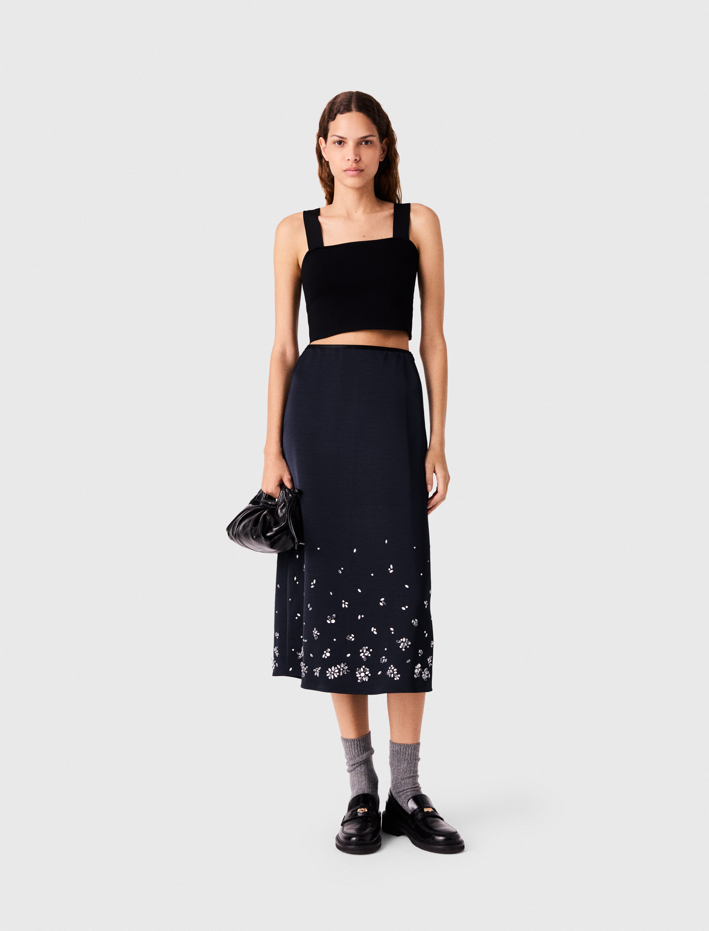 Falda Midi De Satén Bordada - Azul Marino - Talla 42 - Maje