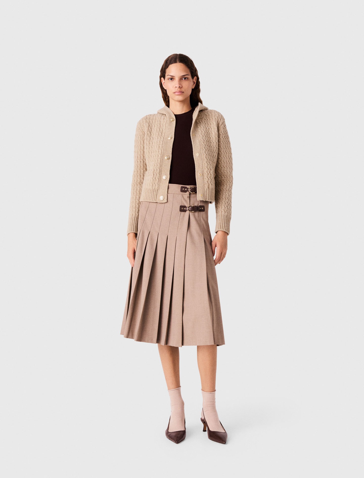 Falda Midi Plisada Con Hebillas - Beige - Talla 38 - Maje