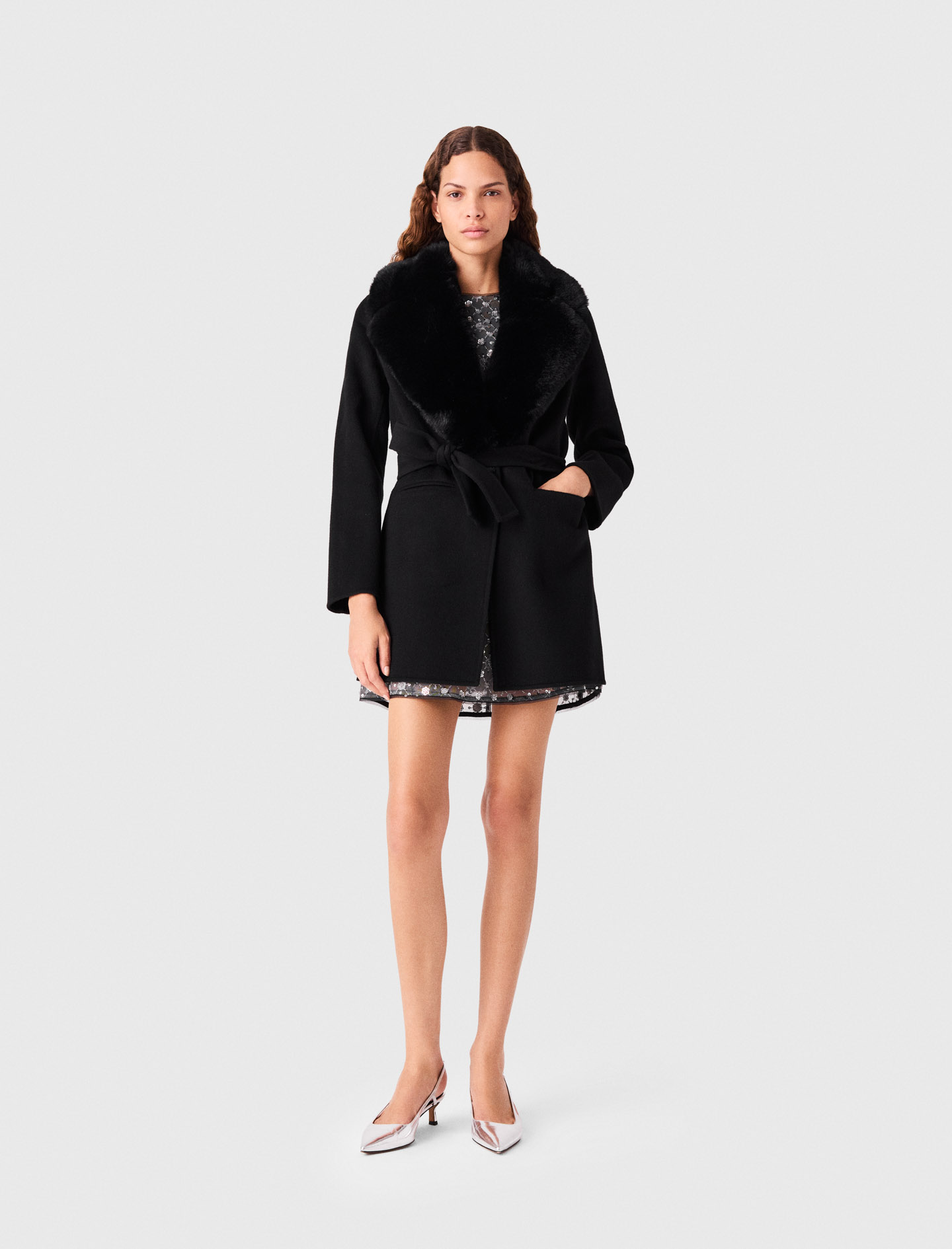 Abrigo Largo Cuello Pelo Sintético - Negro - Talla 34 - Maje