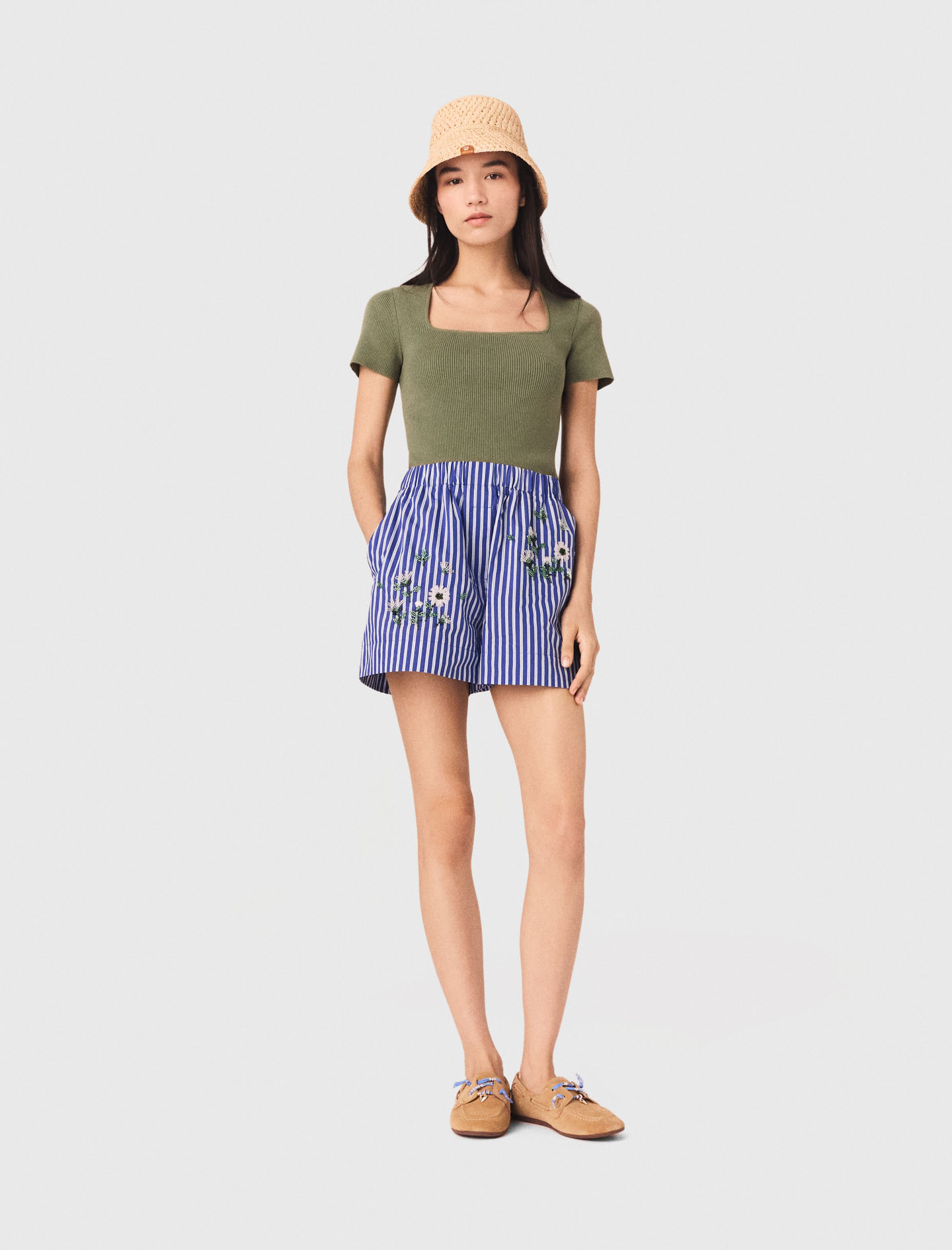 Short A Rayas De Algodón Bordado - Blanco/azul - Talla 40 - Maje