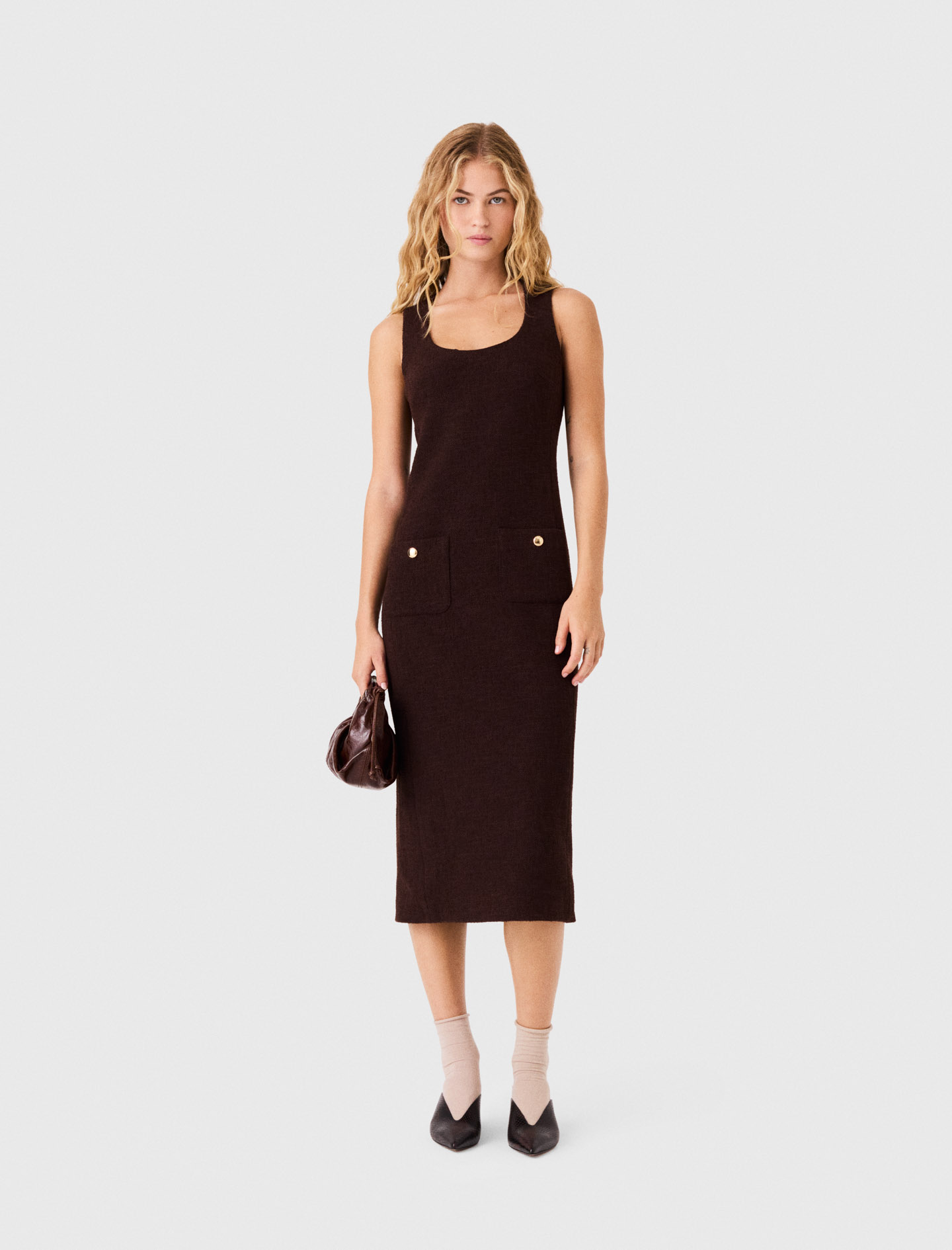 Vestido Midi De Tweed - Marrón Oscuro - Talla 36 - Maje