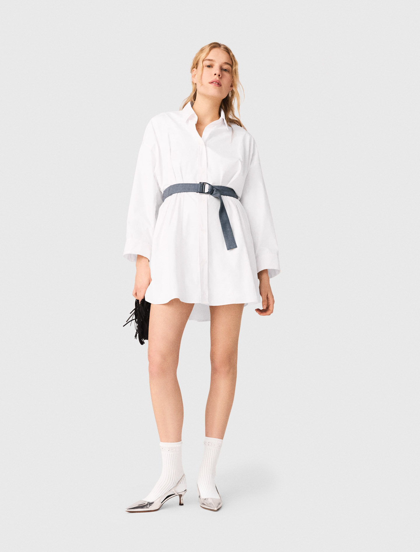 Vestido Camisero Cinturón Contraste - Blanco - Talla 36 - Maje