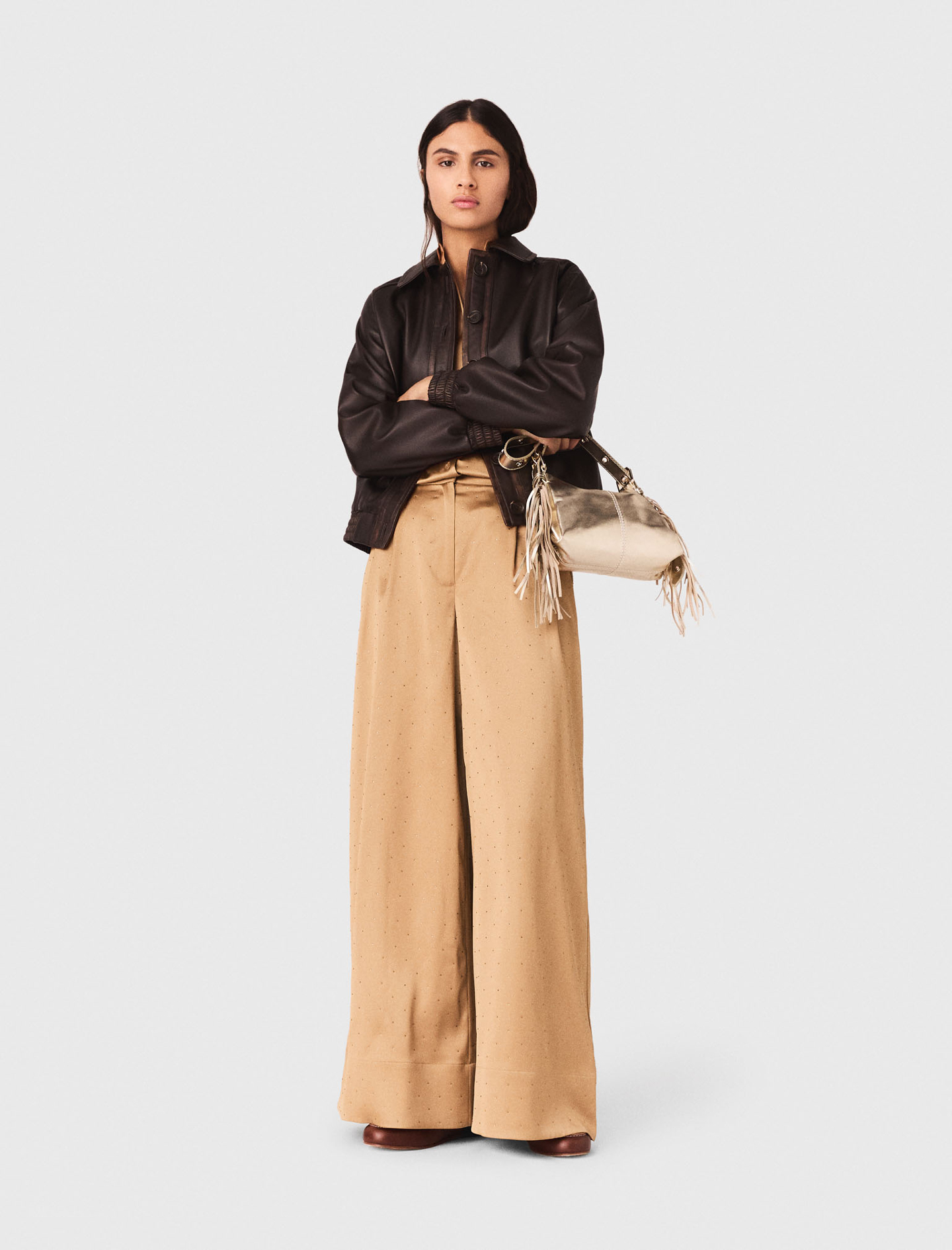 Pantalón Satinado Con Strass - Beige - Talla 36 - Maje