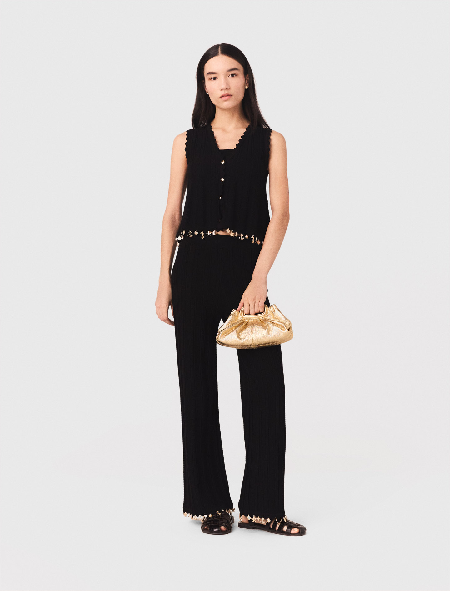 Chaleco De Punto Con Joyas Doradas - Negro - Talla 0 - Maje