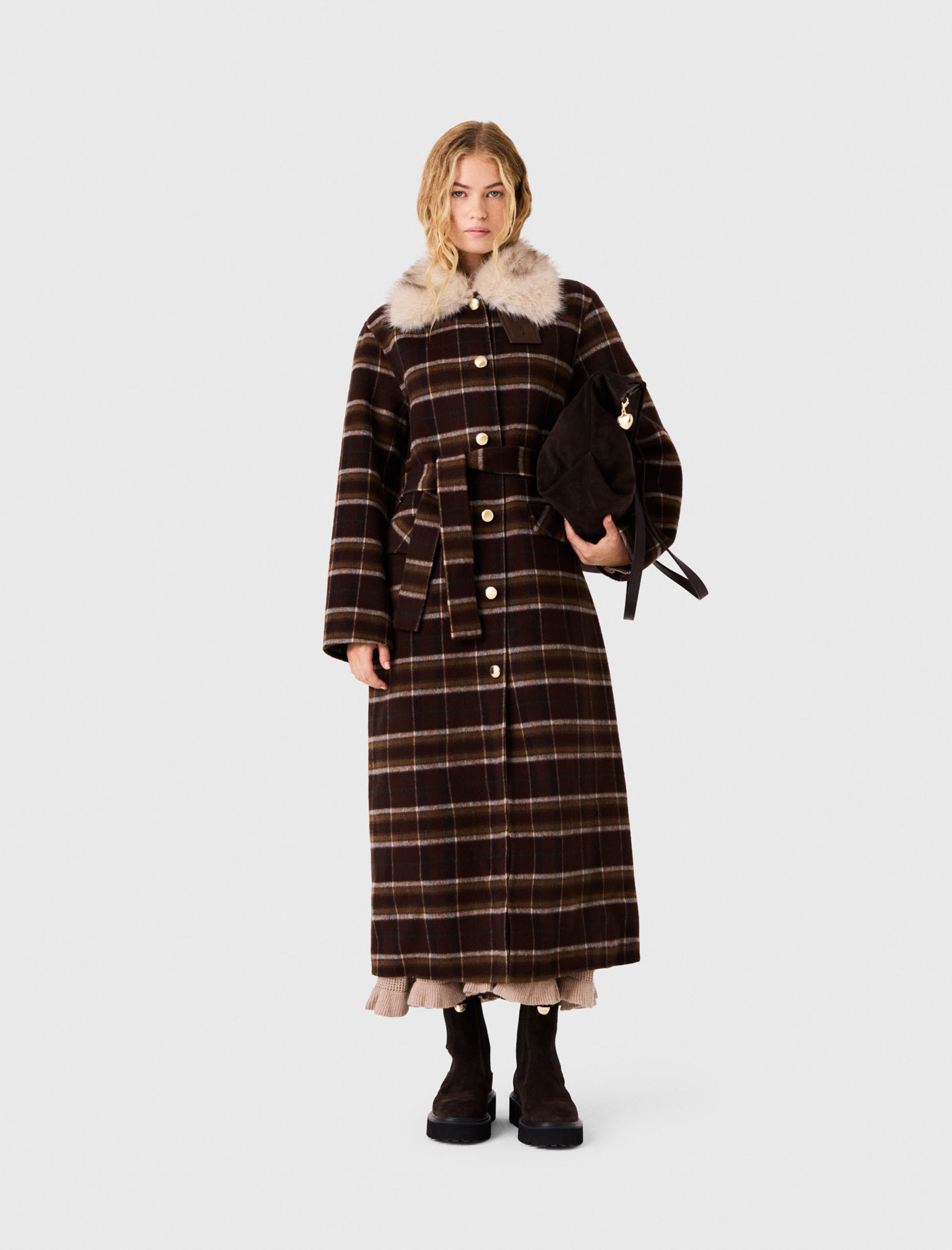 Abrigo Largo Cuello Pelo Sintético - Marrón Oscuro - Talla 40 - Maje
