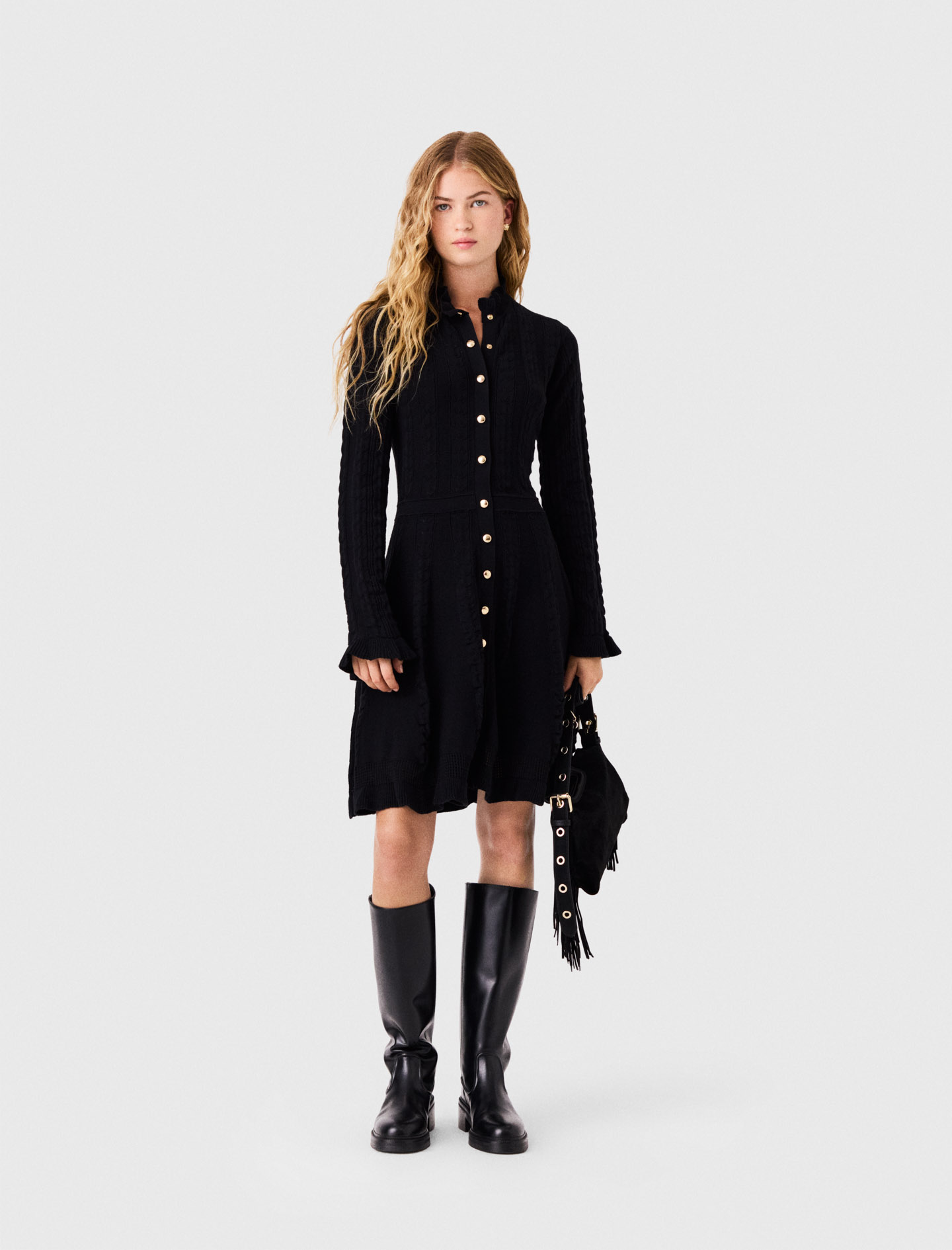 Vestido Corto De Punto Con Botones - Negro - Talla 40 - Maje