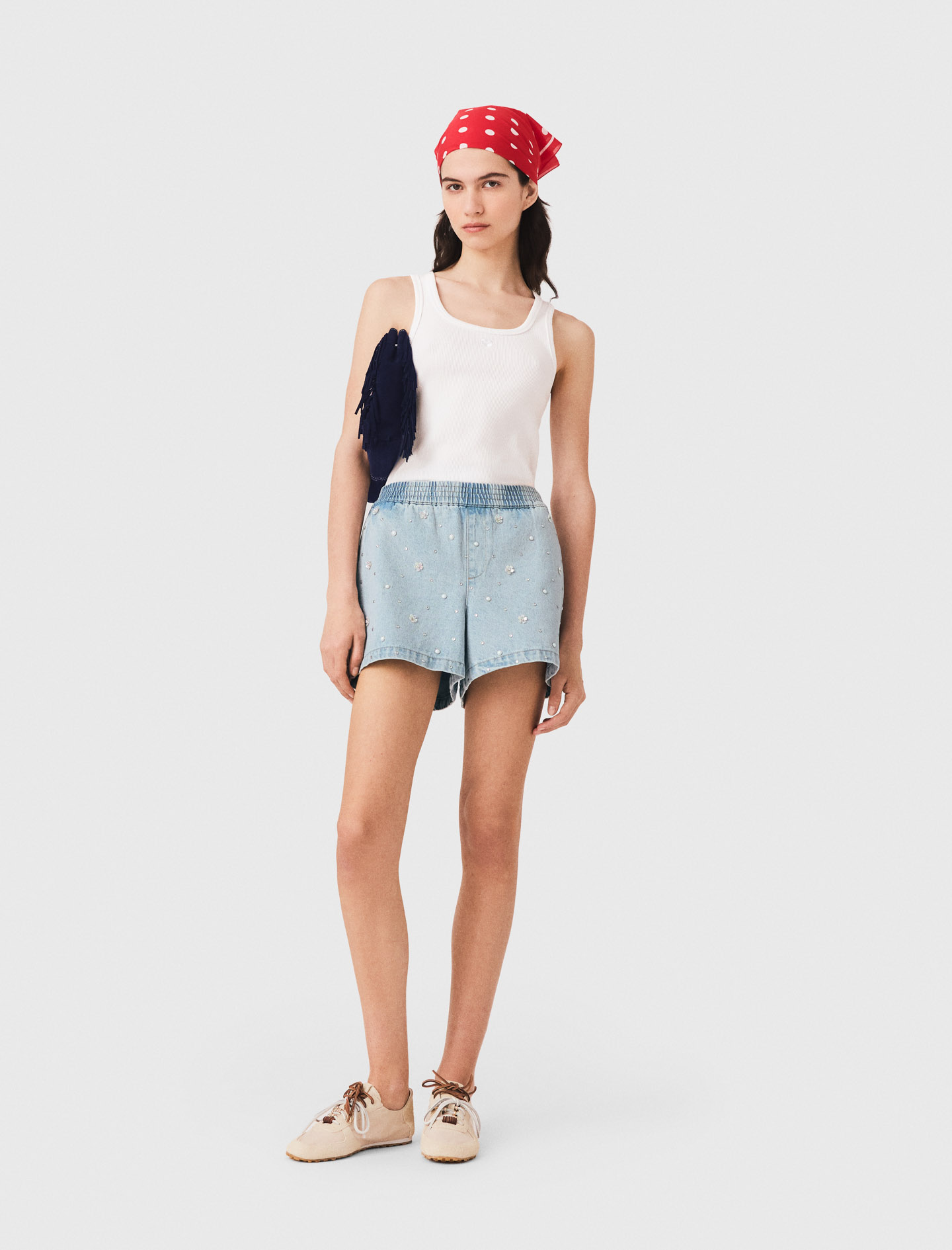 Short Vaquero Con Flores - Azul - Talla 38 - Maje