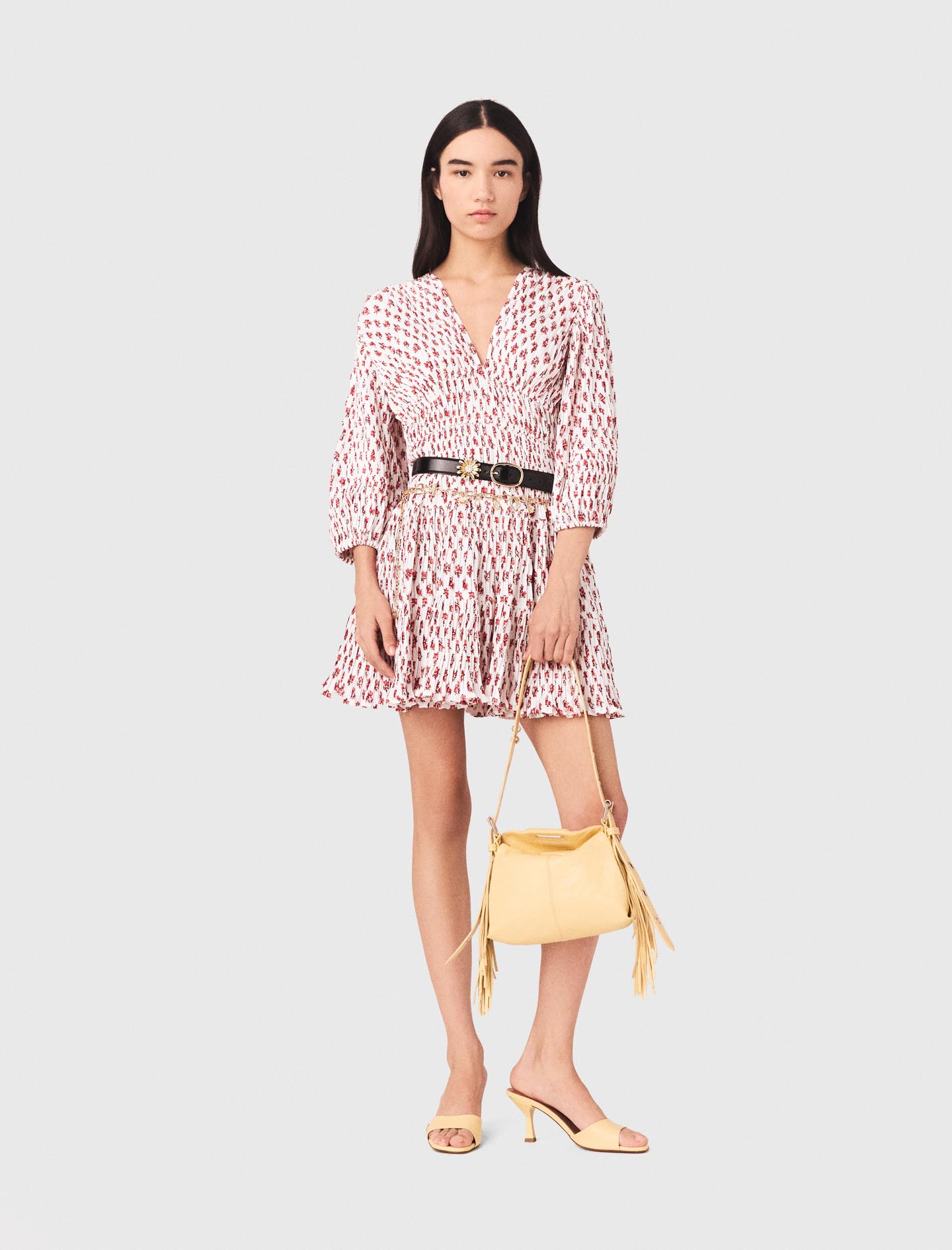 Vestido Plisado Estampado - Rouge Petites Fleurs Print - Talla 38 - Maje