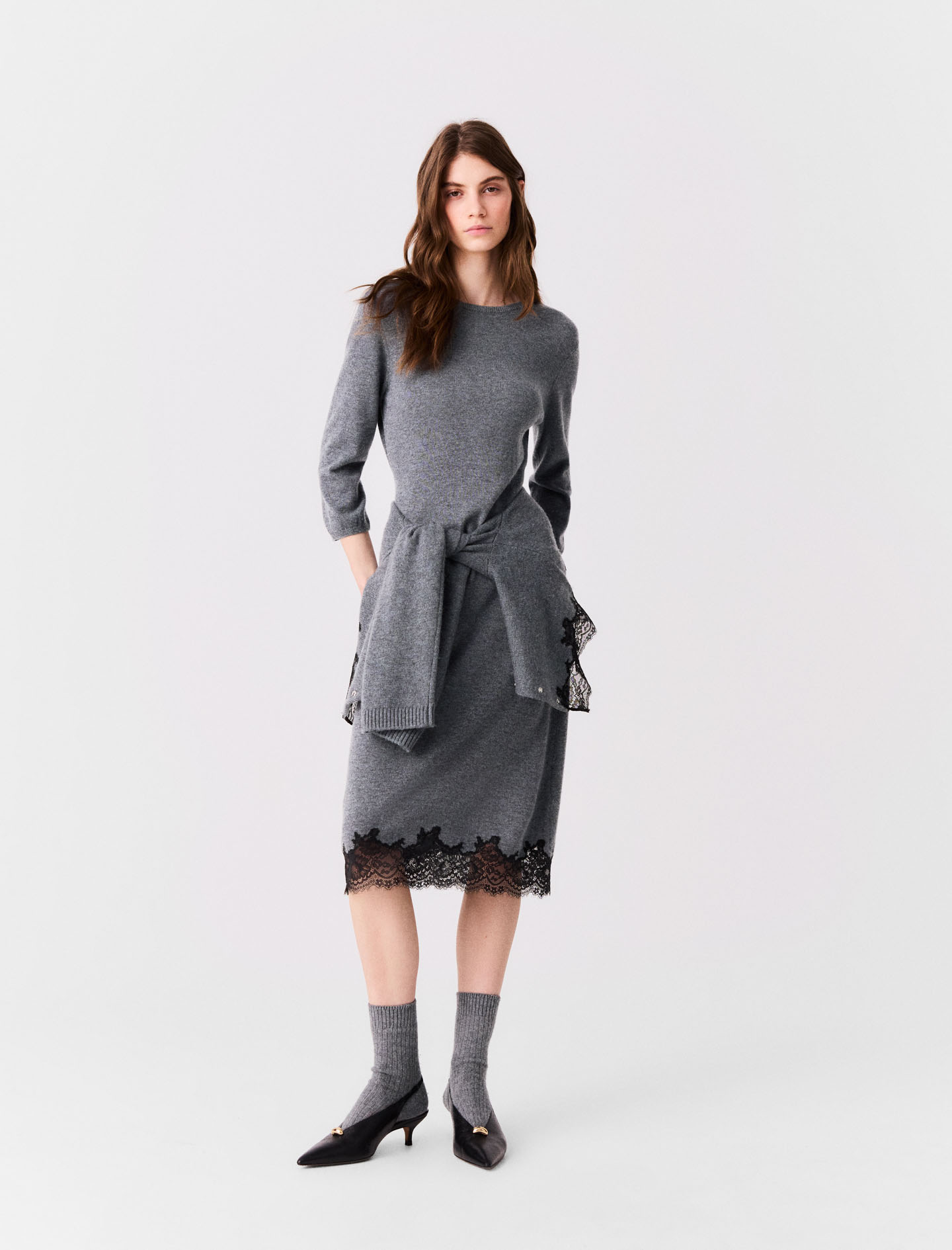 Vestido Con Panel De Encaje - Gris/noir - Talla 38 - Maje