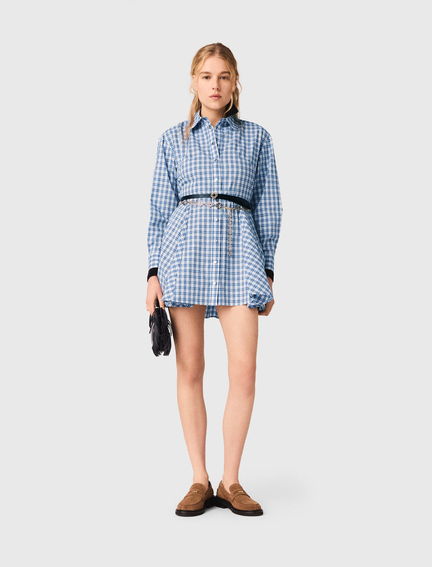 Vestido Camisero Algodón Con Strass - Carreaux Bleus Print - Talla 42 - Maje