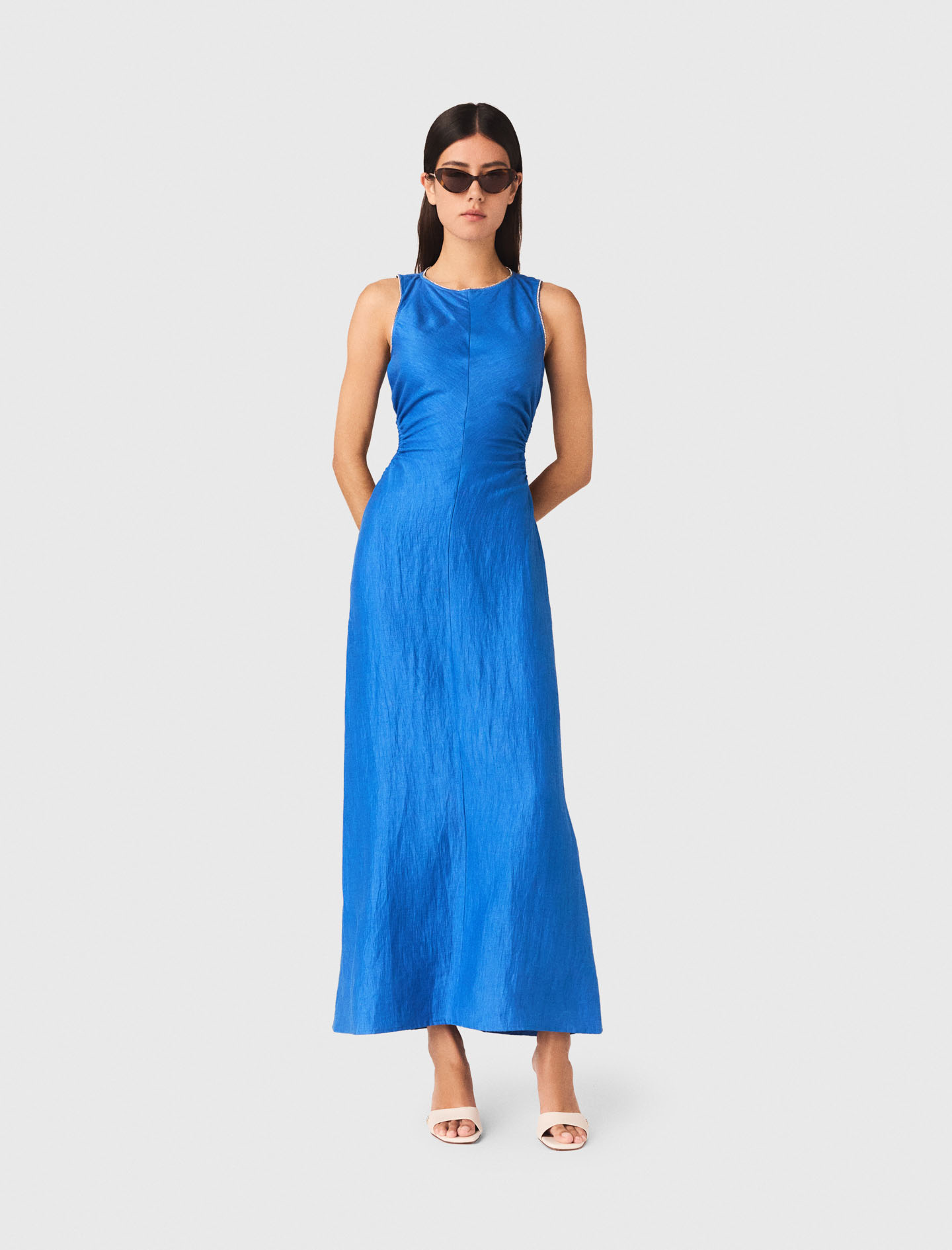 Vestido Midi Lino Mixto Sin Espalda - Azul - Talla 40 - Maje