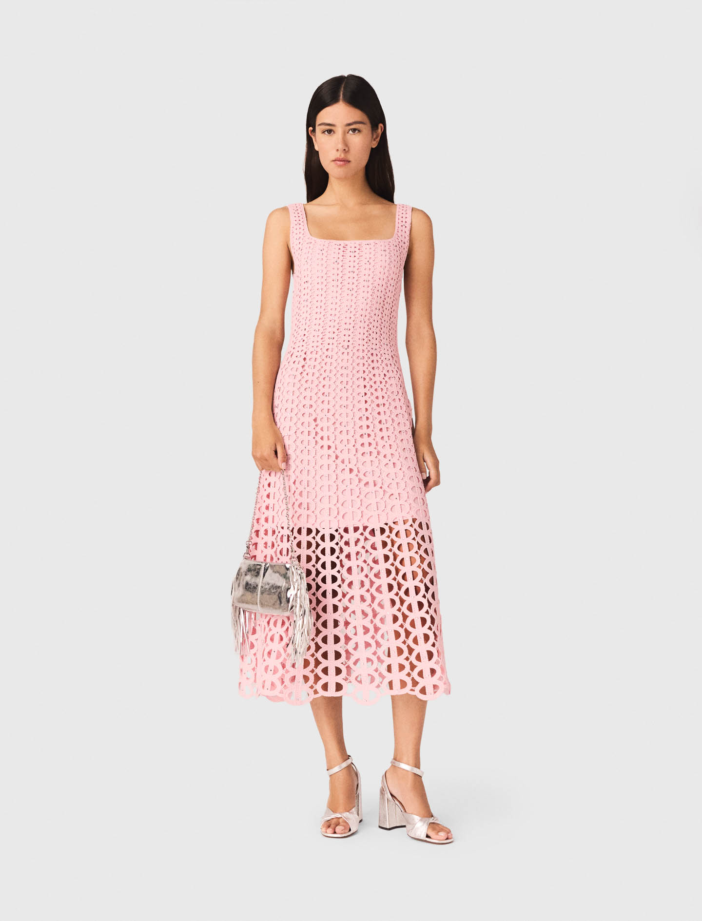 Vestido Midi Ganchillo Con Strass - Rosa - Talla 42 - Maje