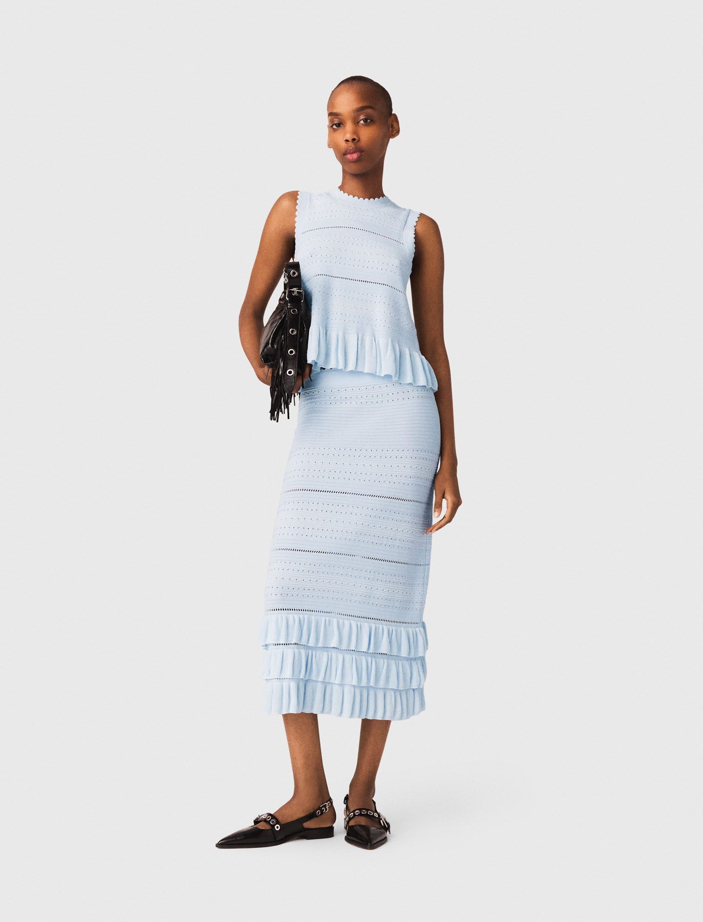 Falda Larga De Punto Con Volantes - Celeste - Talla 40 - Maje