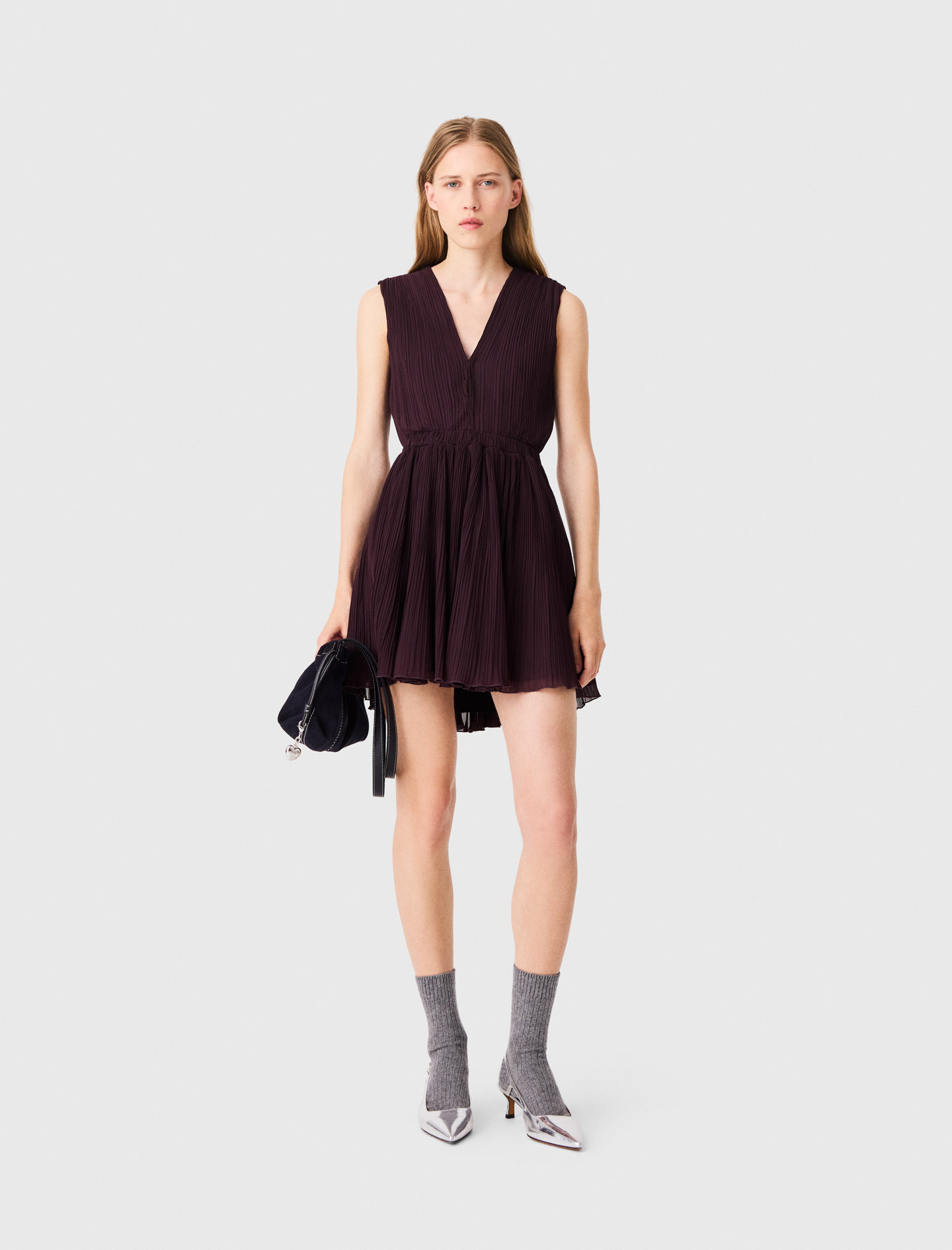 Vestido Skater Corto Plisado - Berenjena - Talla 40 - Maje