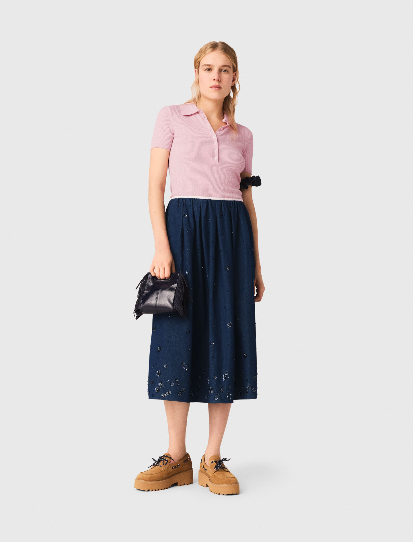 Falda Semilarga En Denim Bordada - Azul Marino - Talla 40 - Maje