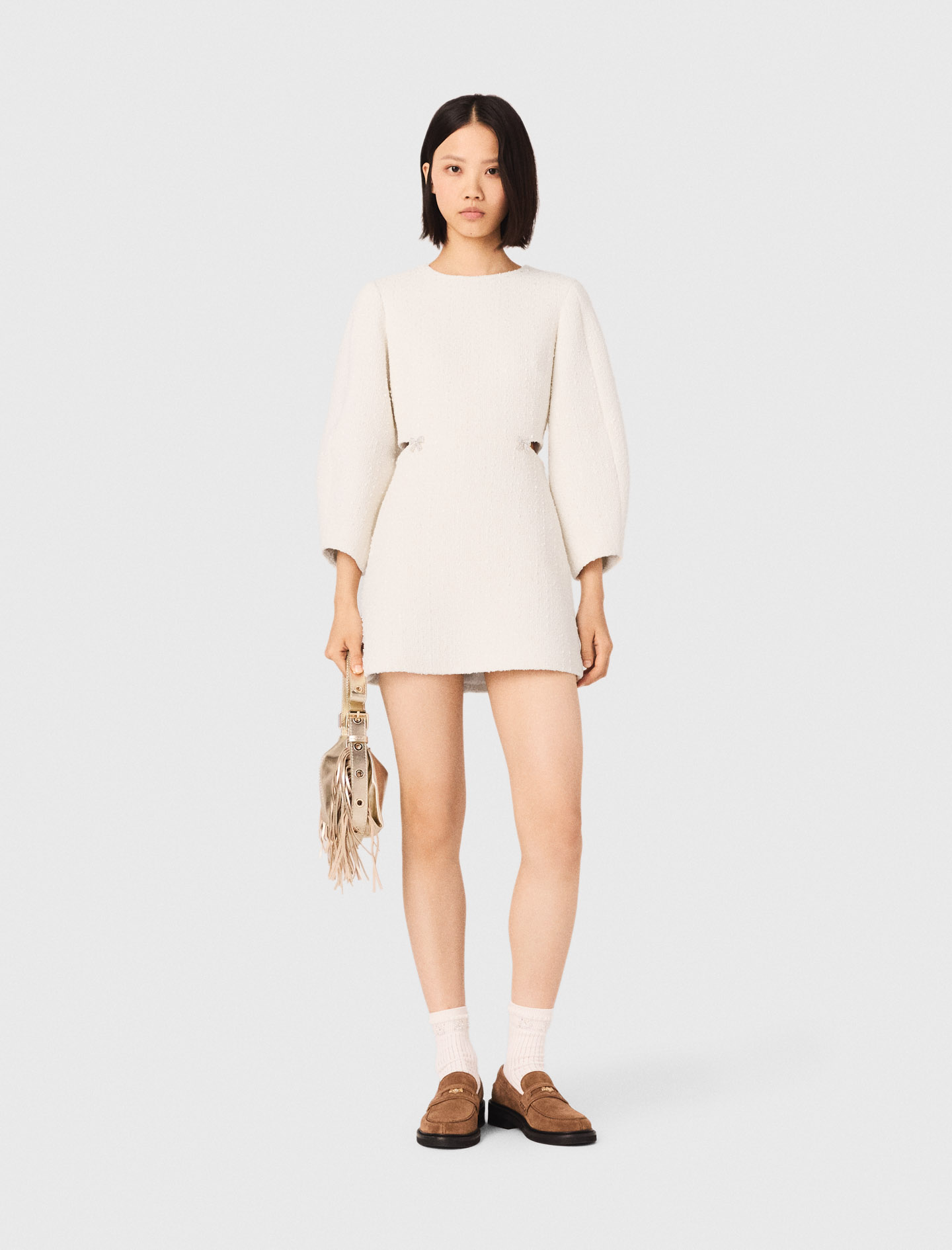 Vestido Corto Tweed Manga Balón - Crudo - Talla 36 - Maje