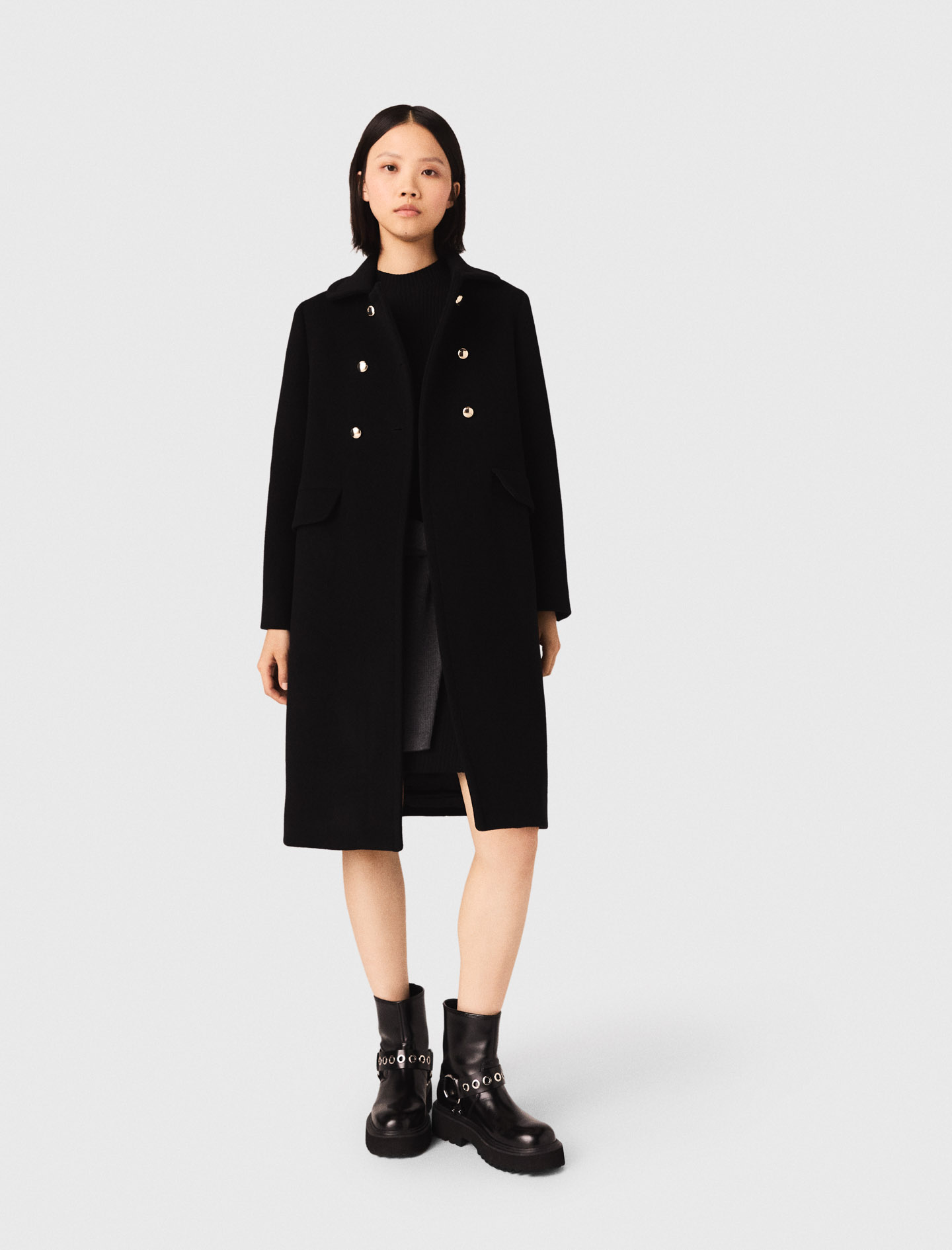 Abrigo Largo De Mezcla De Lana - Negro - Talla 38 - Maje