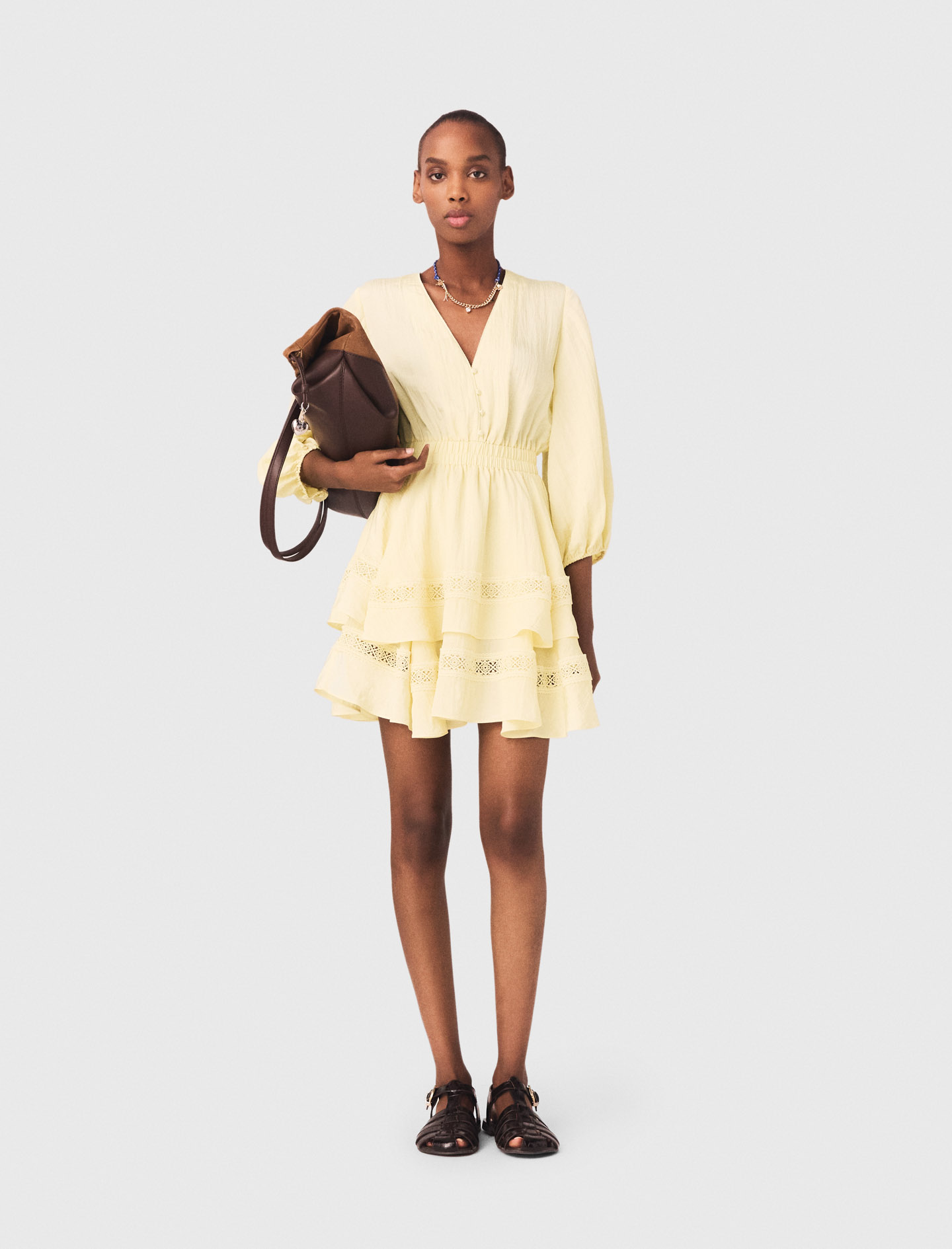 Vestido Corto Con Volantes - Amarillo Pálido - Talla 34 - Maje