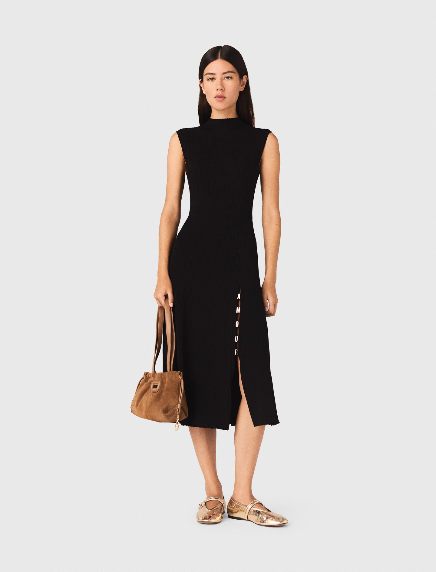 Vestido Acanalado Con Raja Lateral - Negro - Talla 40 - Maje