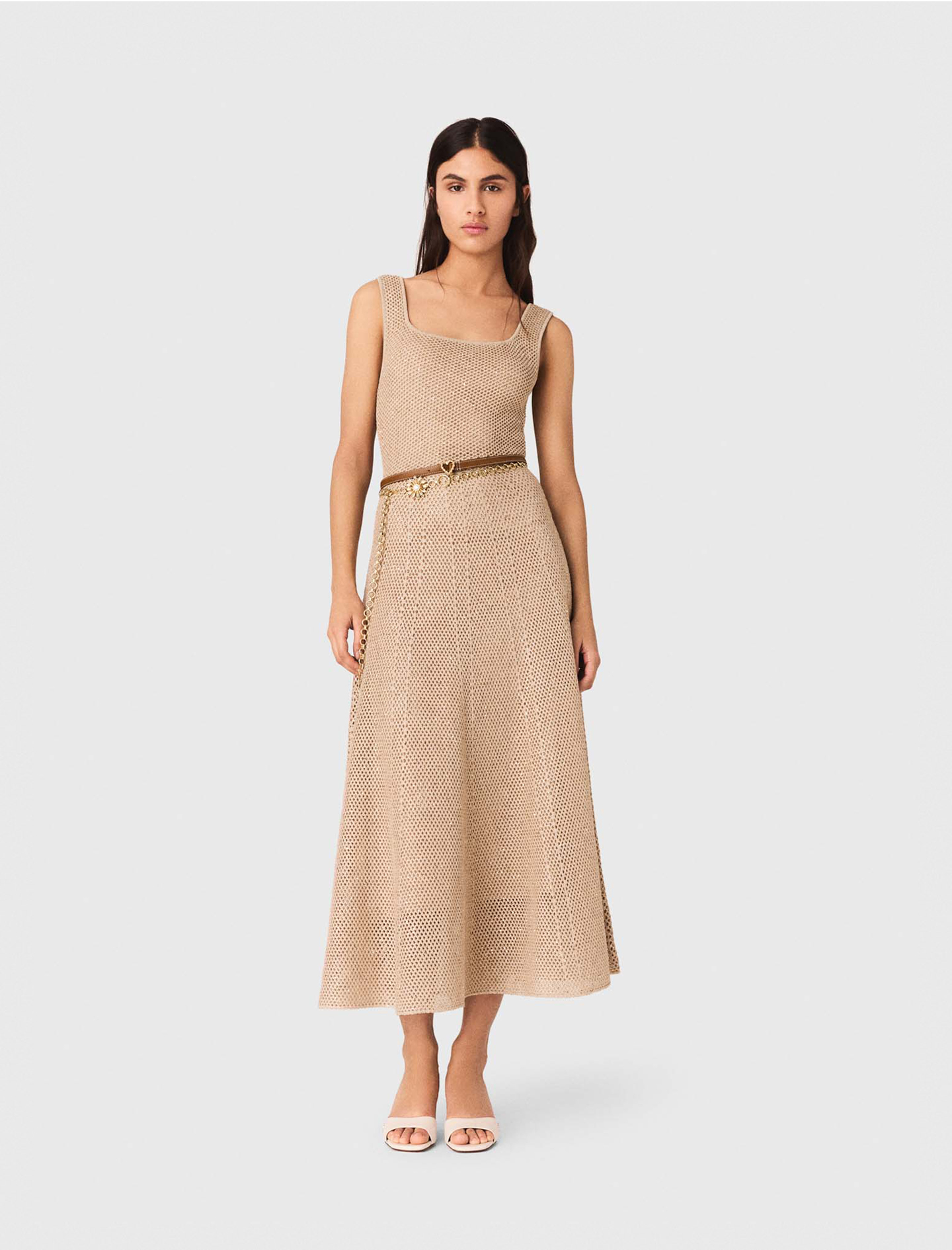 Vestido Largo De Punto Con Strass - Beige - Talla 42 - Maje