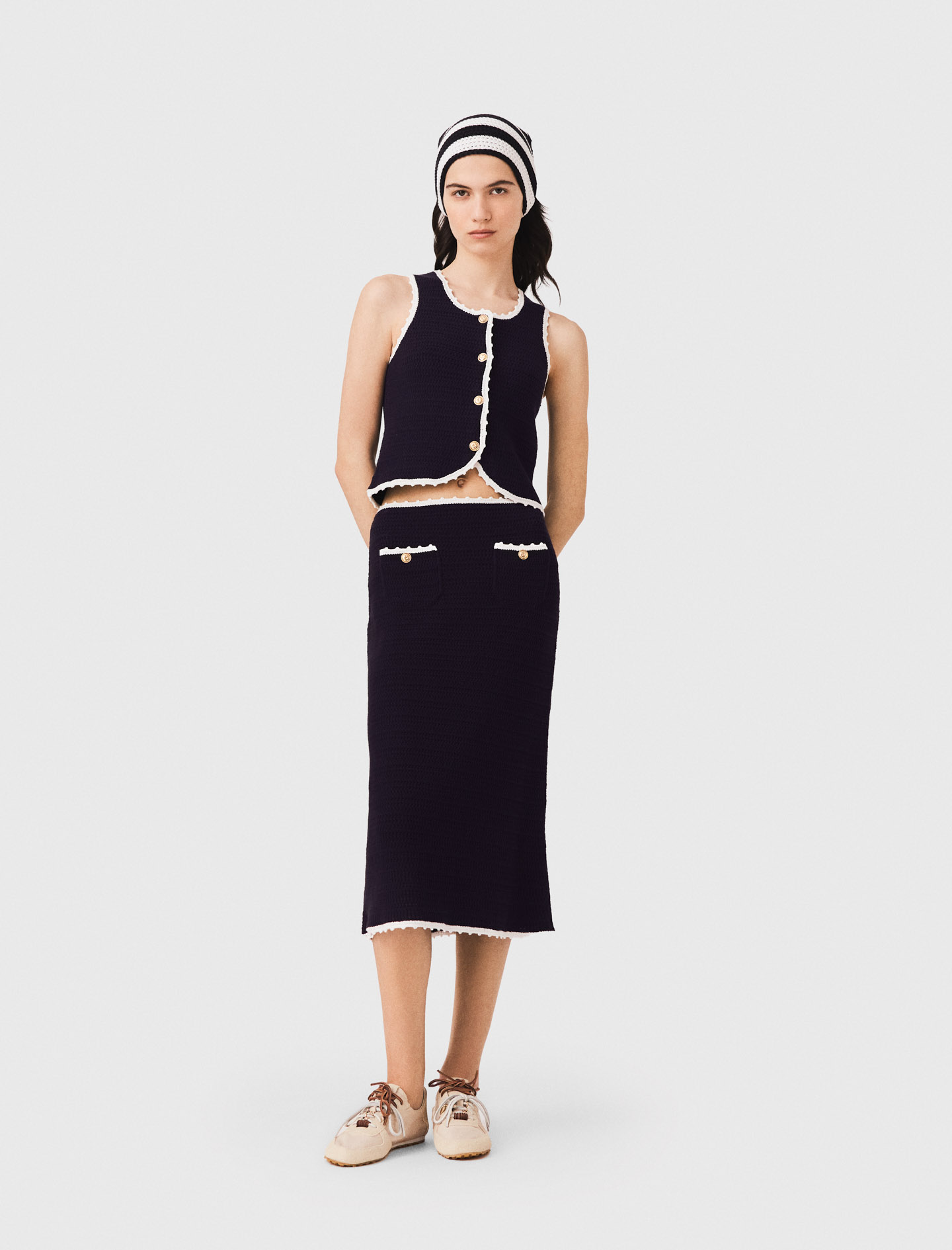 Falda Midi Acabados En Ganchillo - Azul Marino - Talla 38 - Maje