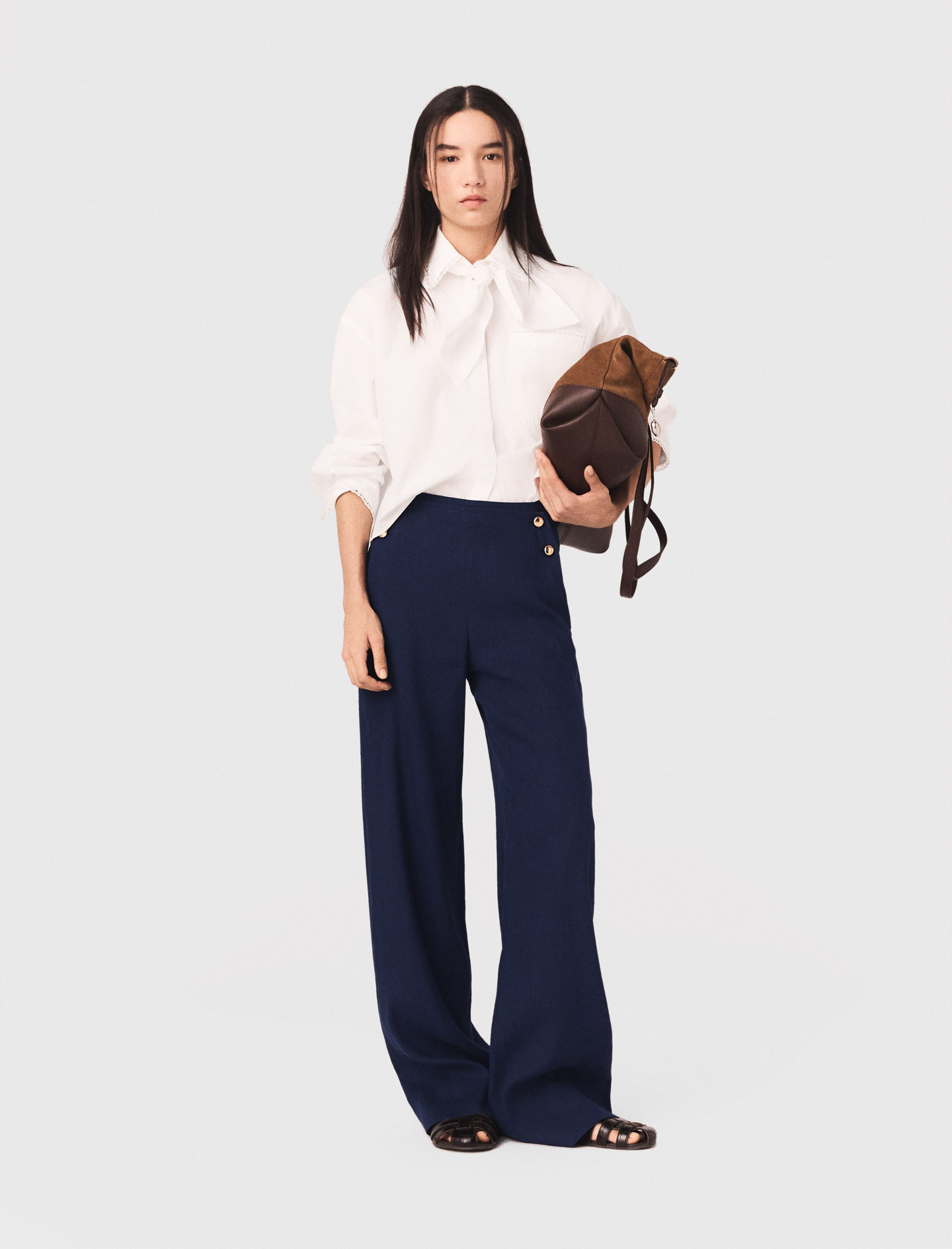 Pantalón Con Puente De Lino Mezcla - Azul Marino - Talla 42 - Maje