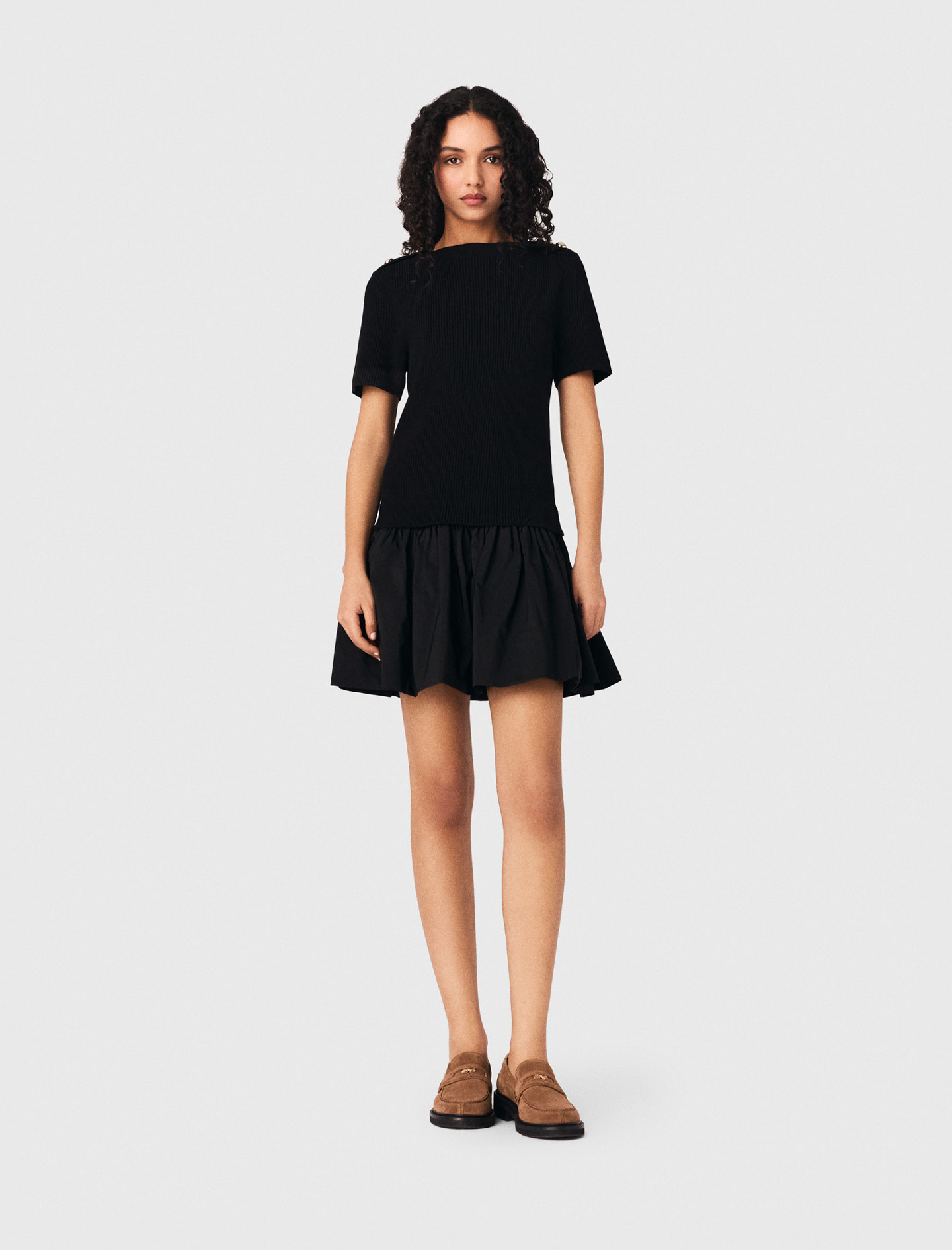 Vestido Corto De Punto Y Tafetán - Negro - Talla 34 - Maje