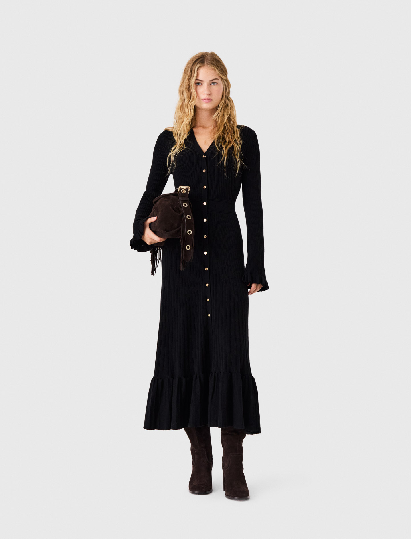 Vestido Largo De Punto Con Volantes - Negro - Talla 34 - Maje