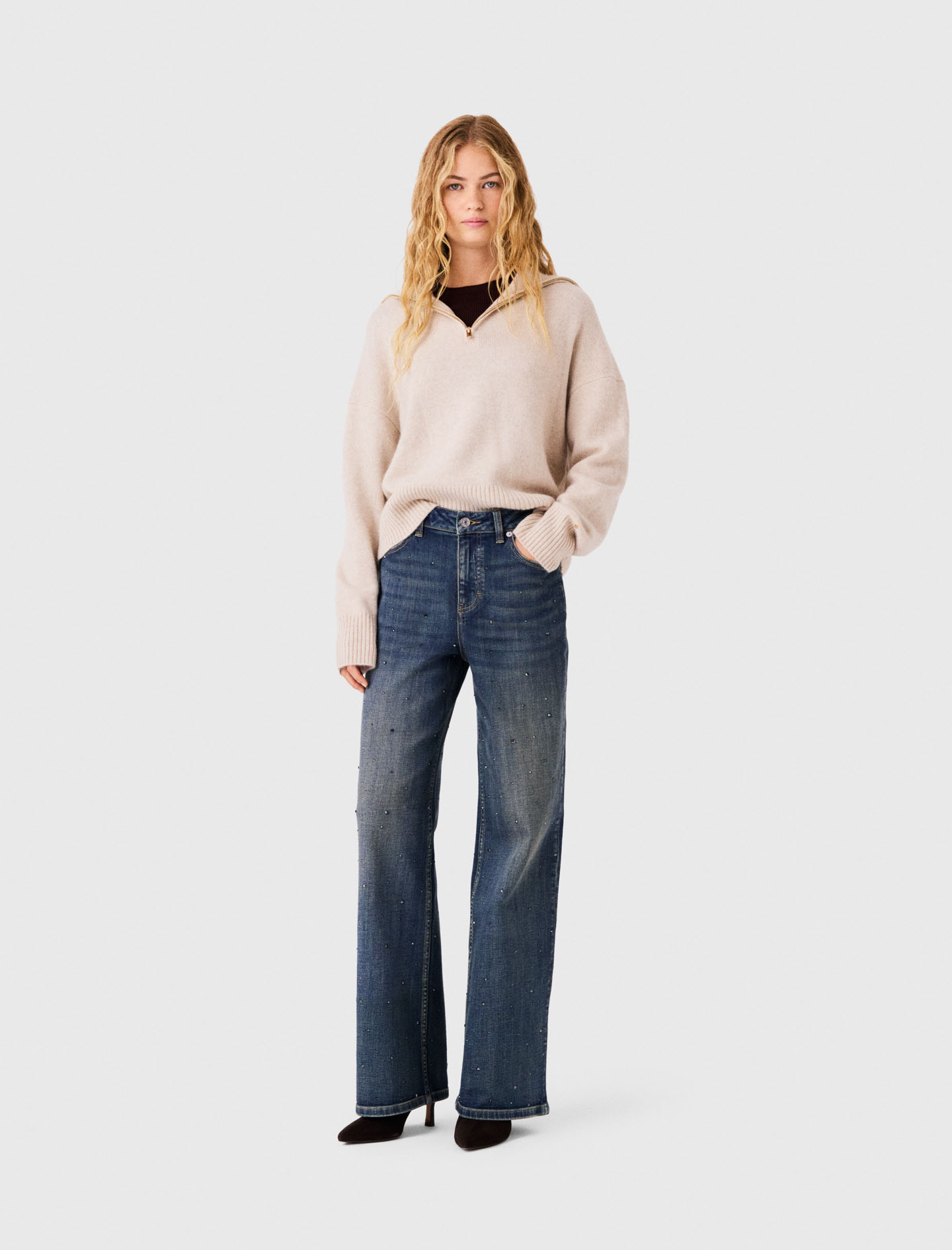 Vaquero Ancho Con Strass - Azul - Talla 34 - Maje