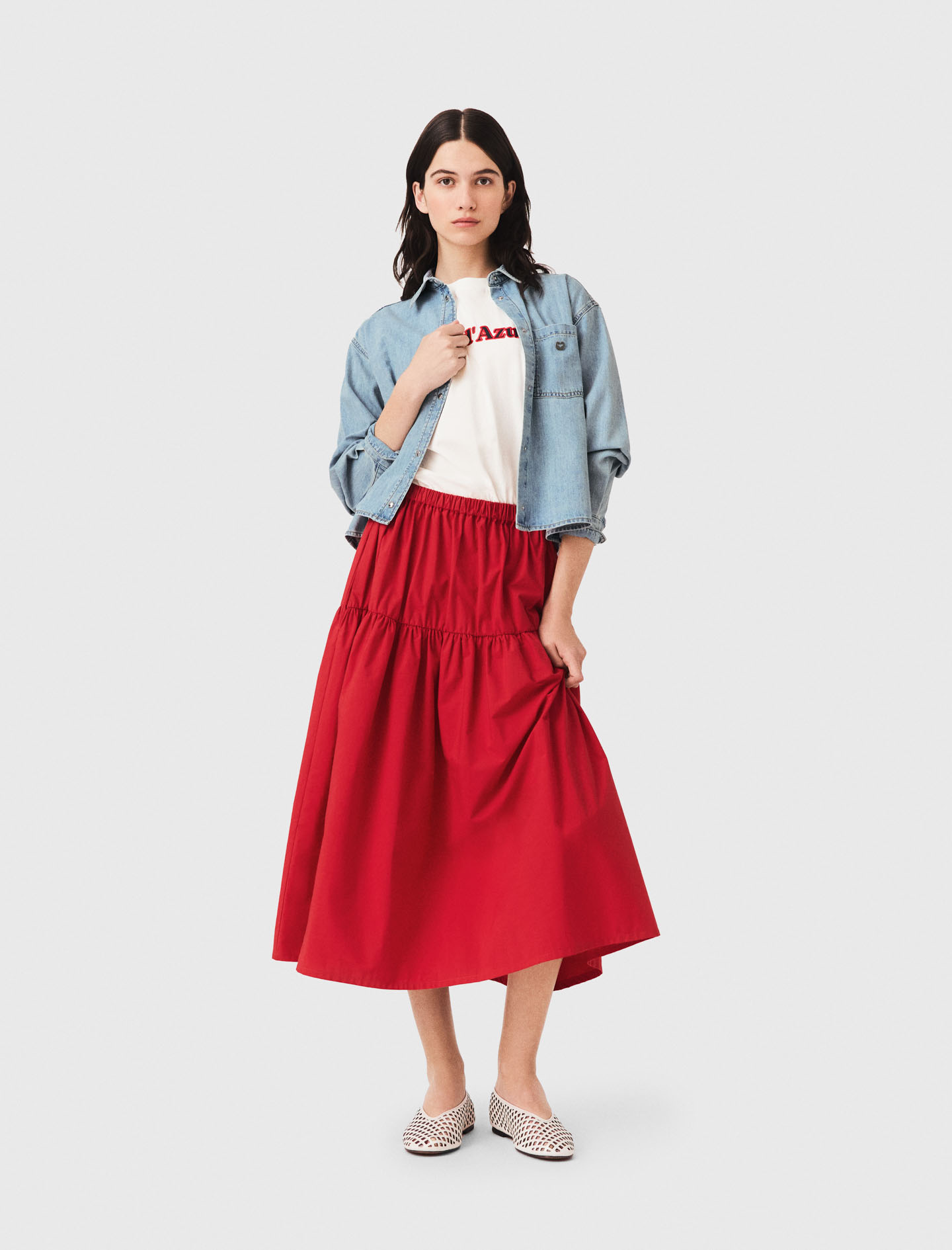 Falda Larga Fruncida - Rojo - Talla 40 - Maje
